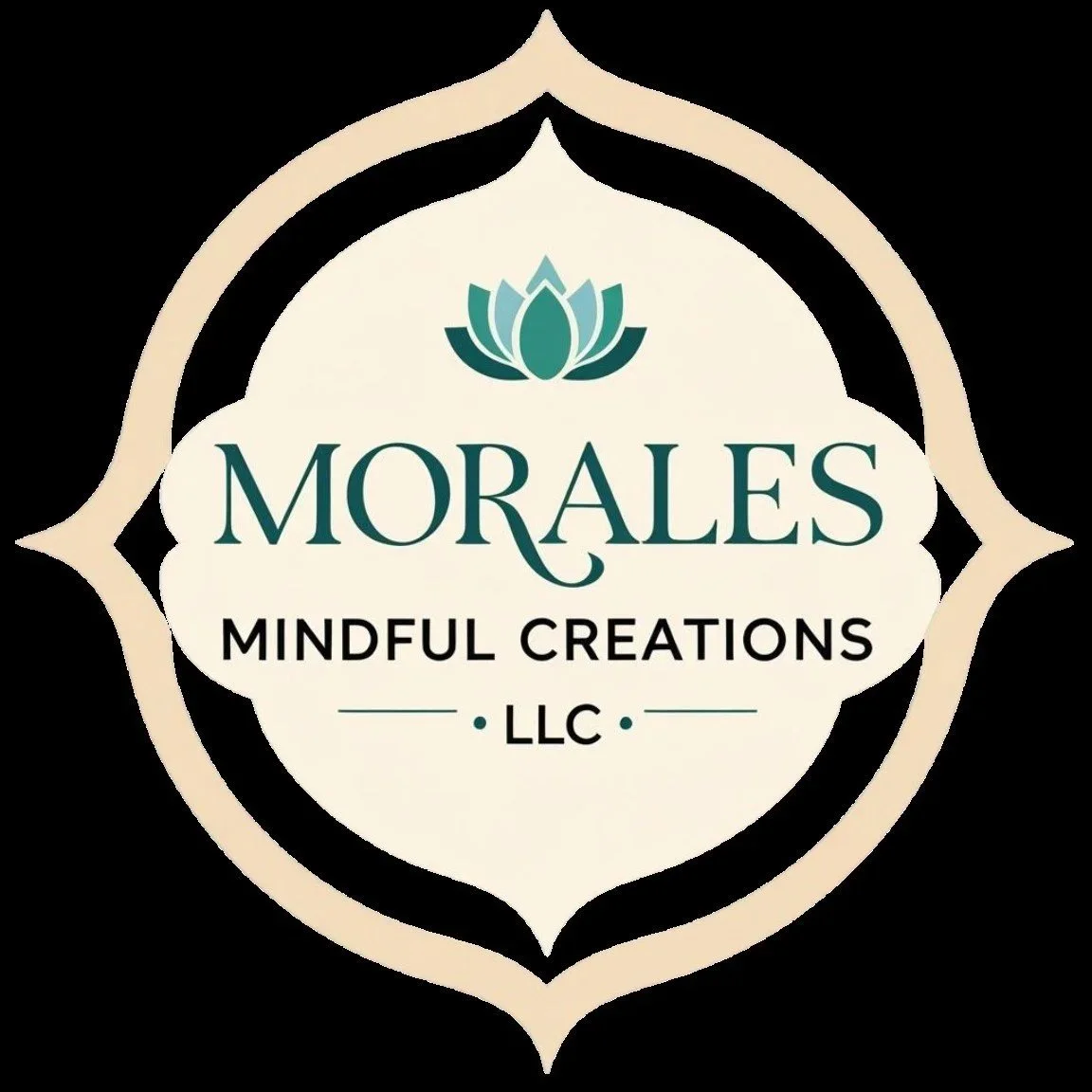 Logo for Morales Mindful Creations LLC featuring a teal lotus flower above the company name on a white background with a decorative beige border.