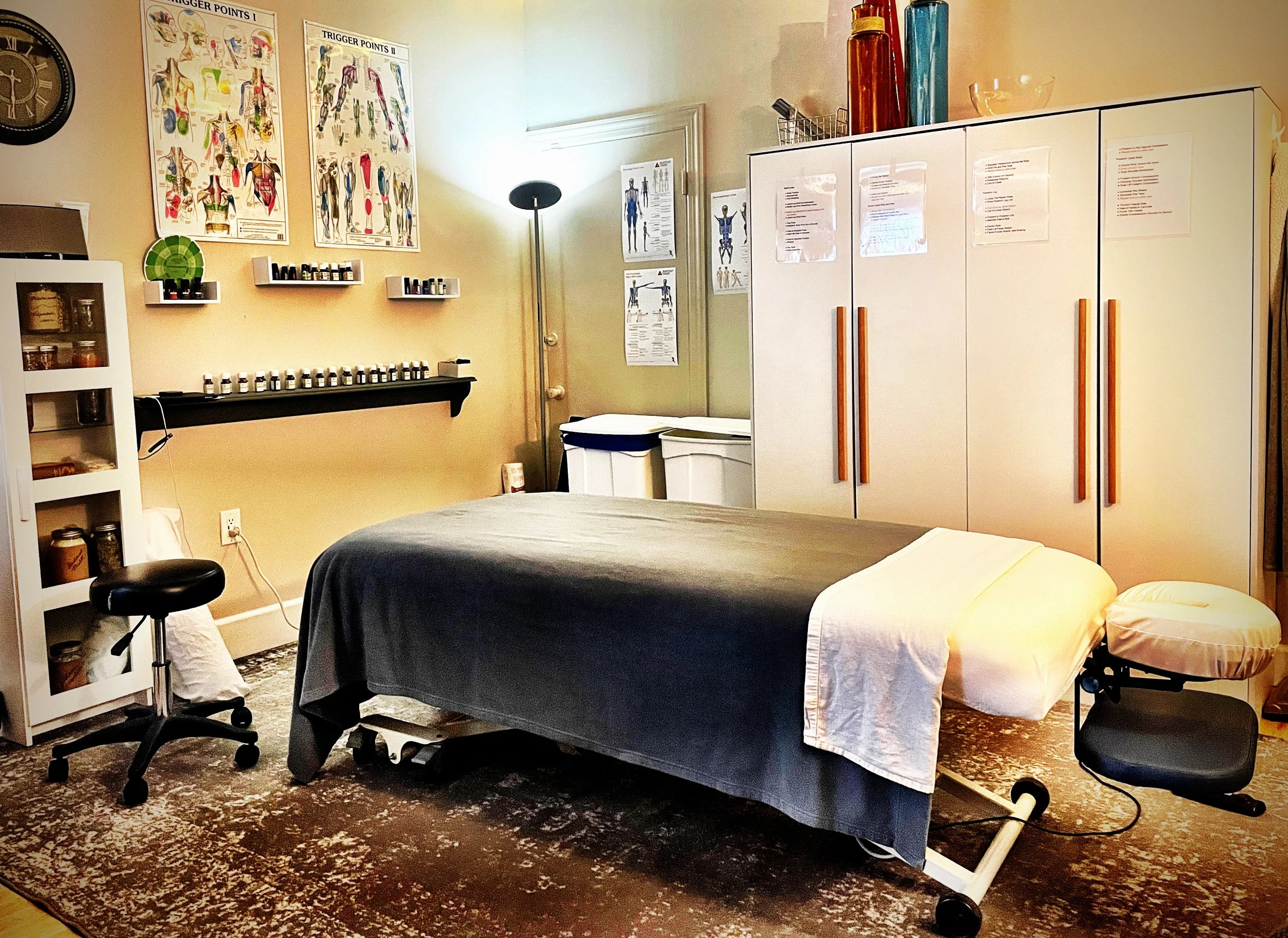 comfortable massage therapist office massage table essential oils reference posters