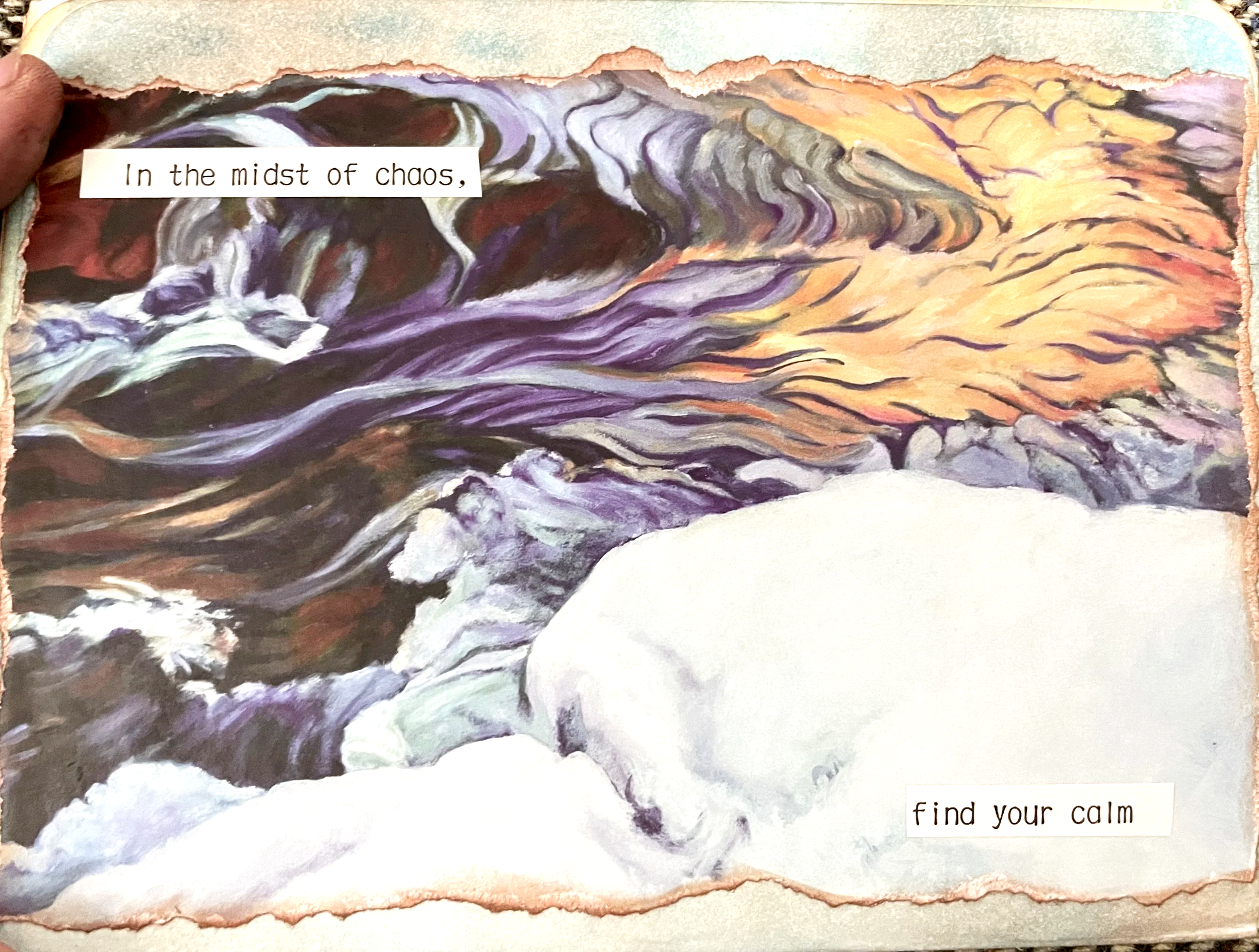 painting of water flowing around snow covered rocks and text reading in the midst of chaos find your calm