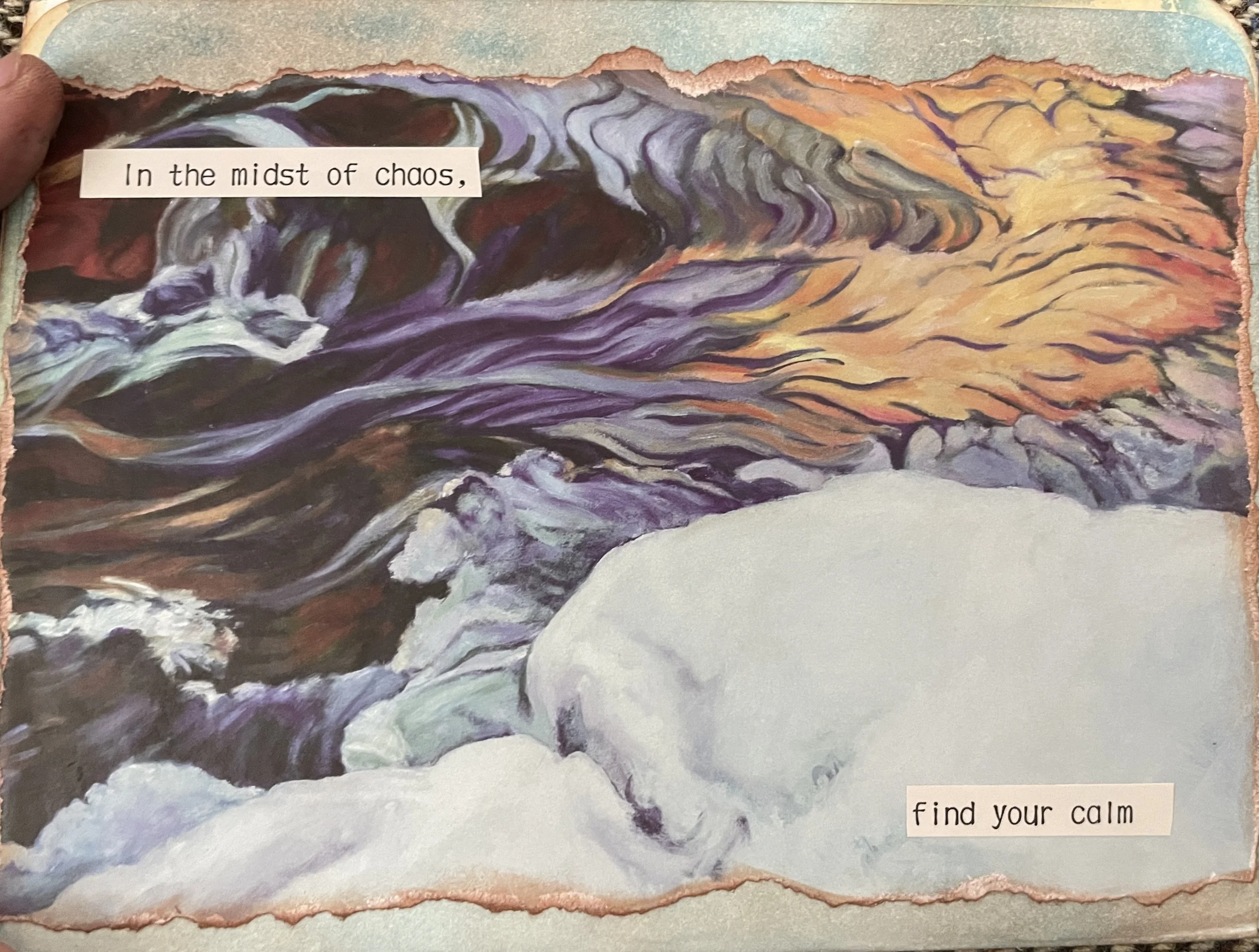 collage of  water running over snow covered stones in the midst of chaos find your calm