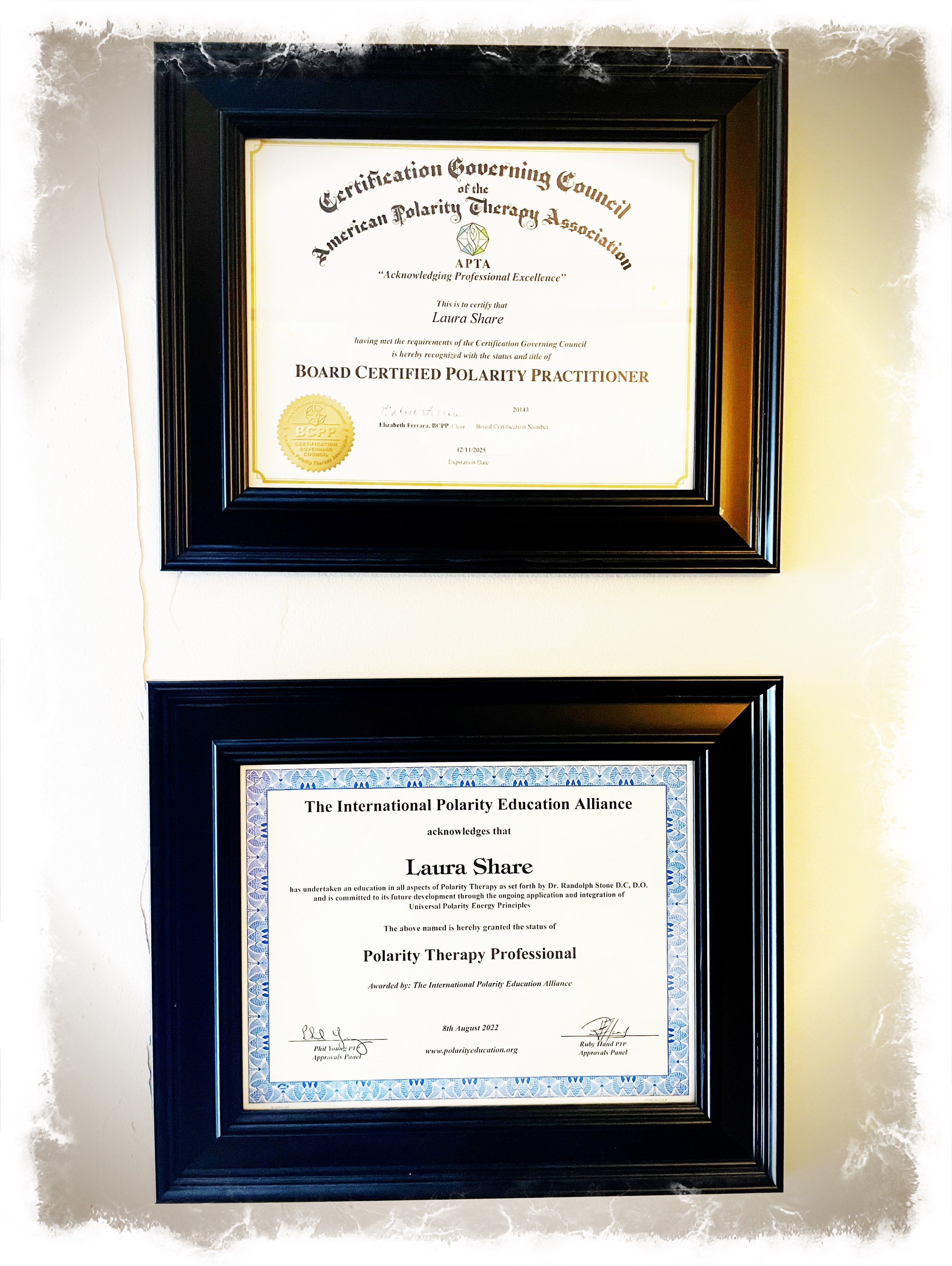 polarity therapy professional certificate and board certification as a Polarity Practitioner certificate