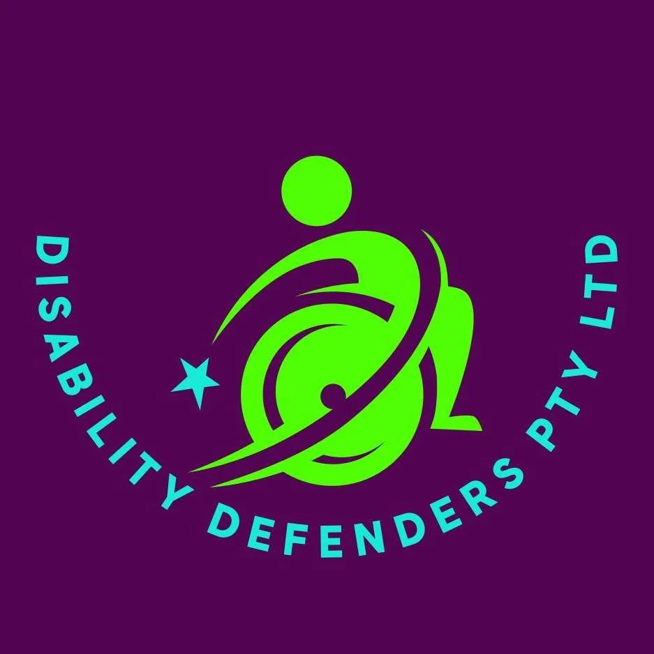 Logo of Disability Defenders Pty Ltd featuring a stylized green figure in a wheelchair with a star. Text around the logo reads 'Disability Defenders Pty Ltd' in blue.