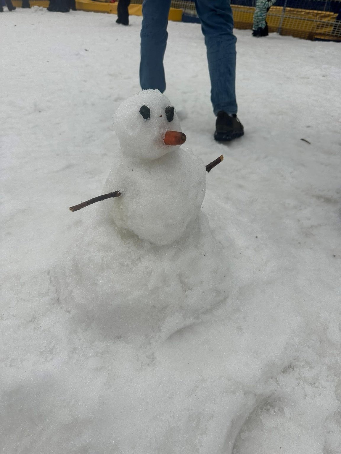 A small snowman with black eyes, a carrot nose, and stick arms on snow, with people in winter clothing in the background.