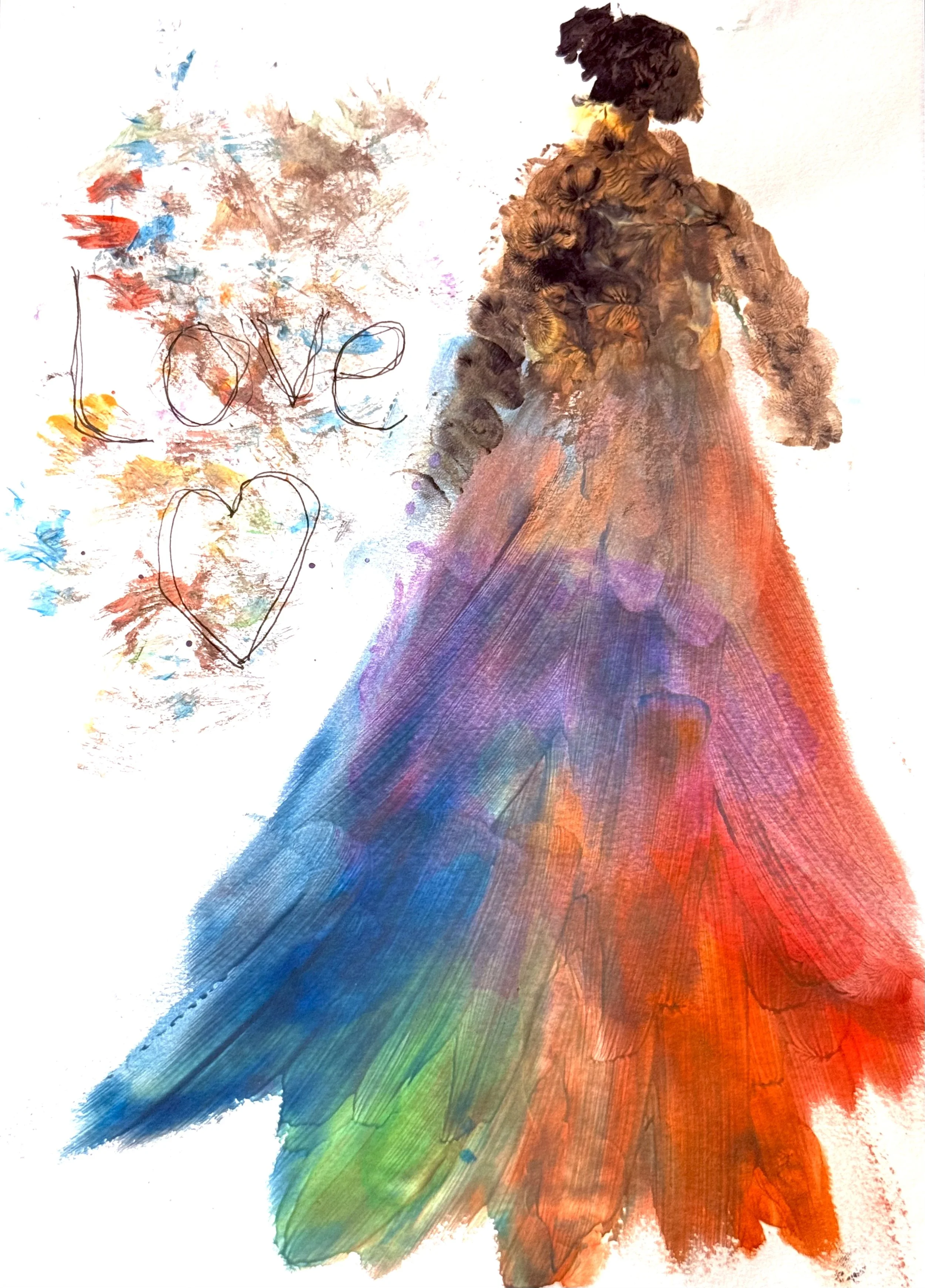 A colorful artistic illustration of a woman in a long, flowing, rainbow-colored gown with an intricate, textured bodice. The woman has dark, curly hair and is facing away. To the left, there are colorful abstract strokes and the words ''love'' and a heart are drawn in black.