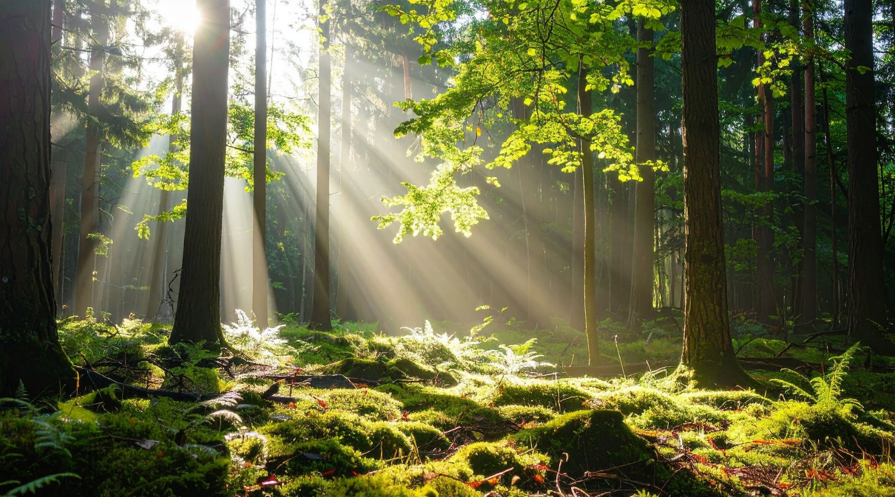 Sunlight streaming through a lush green forest with tall trees and moss-covered ground.