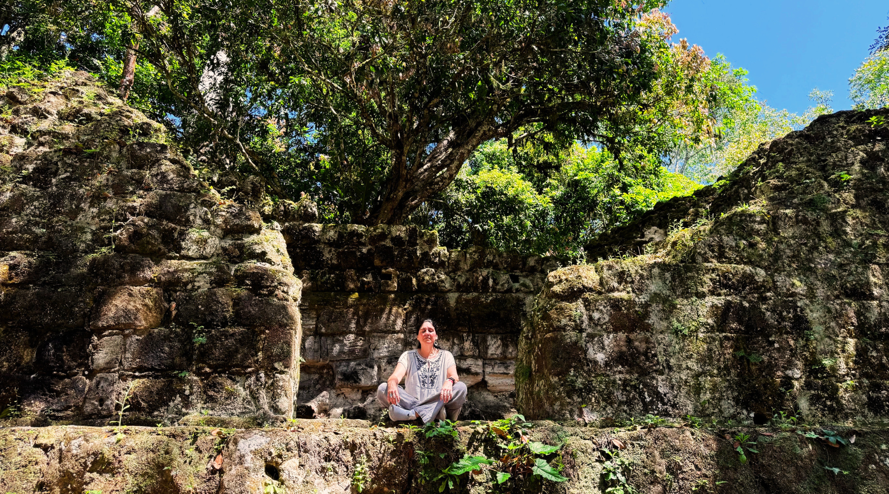 Alicia sitting beneath a large tree among ancient stone ruins surrounded by forest.