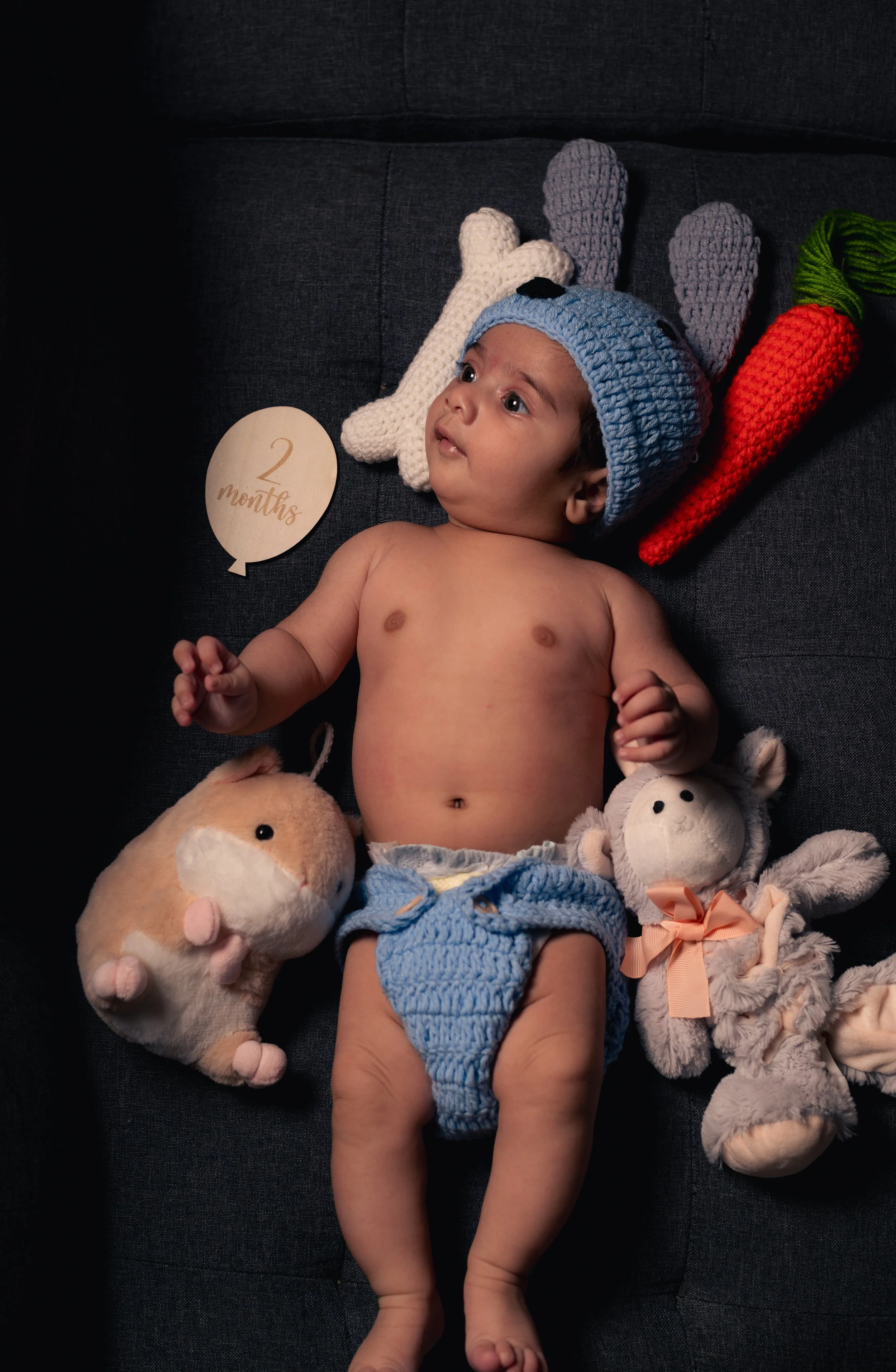 Newborn baby 2 months milestone photo session with stuffed animals | Newborn Photography Kitchener Ontario by Abhijeet Bhullar