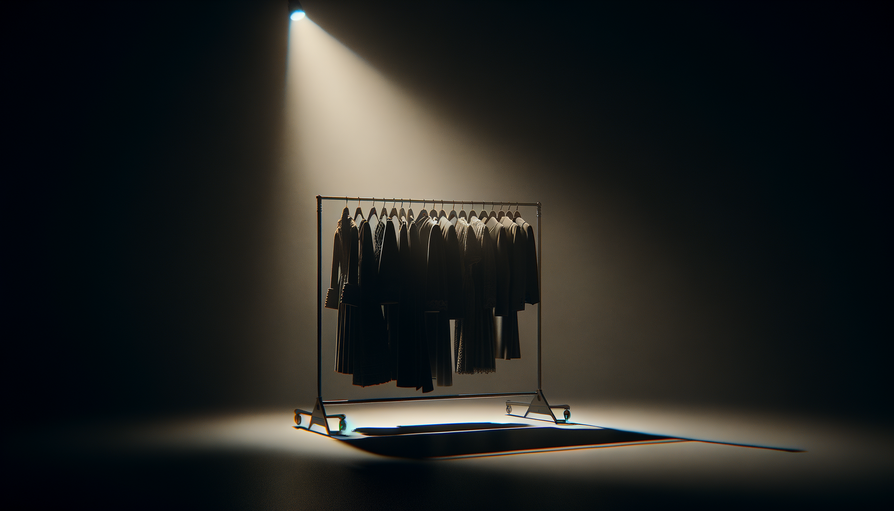Clothing rack with various garments hanging under a spotlight in a dark room.