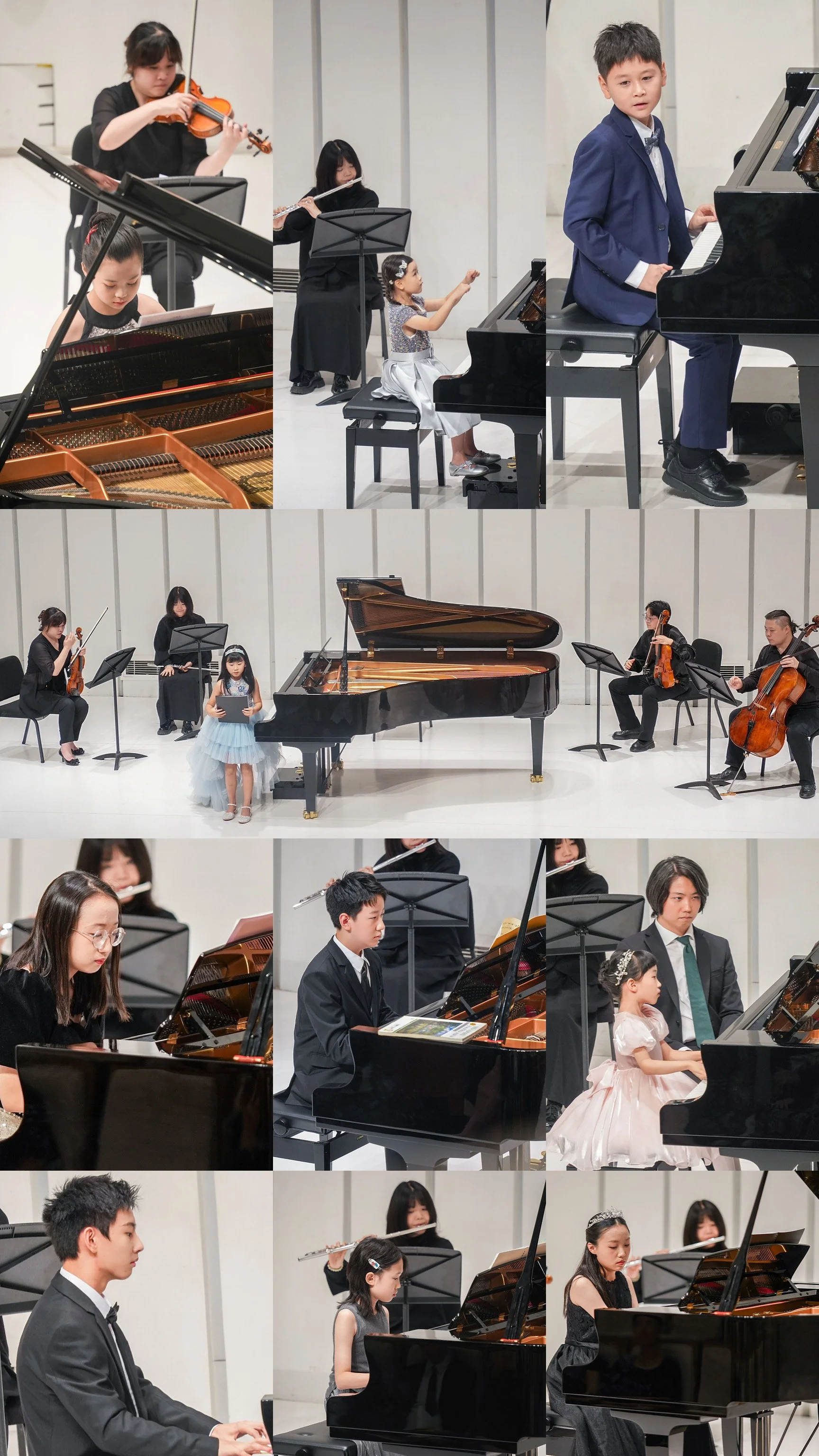 Children and adults performing classical music on various instruments including piano, violin, cello, and flute during a concert in a concert hall.