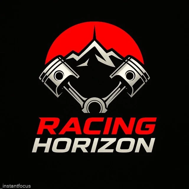 Logo avec des montagnes, deux pistons croisés, fond rouge et texte 'RACING HORIZON'