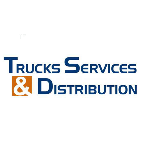 Logo d'une entreprise avec le texte "Trucks Services & Distribution" en bleu et une icône orange de localisation.