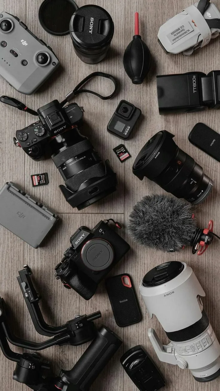 Appareil photo Sony, drone DJI, différents objectifs, cartes mémoire, microphone à poil, télécommande, et autres accessoires de photographie et vidéographie disposés sur une surface en bois.