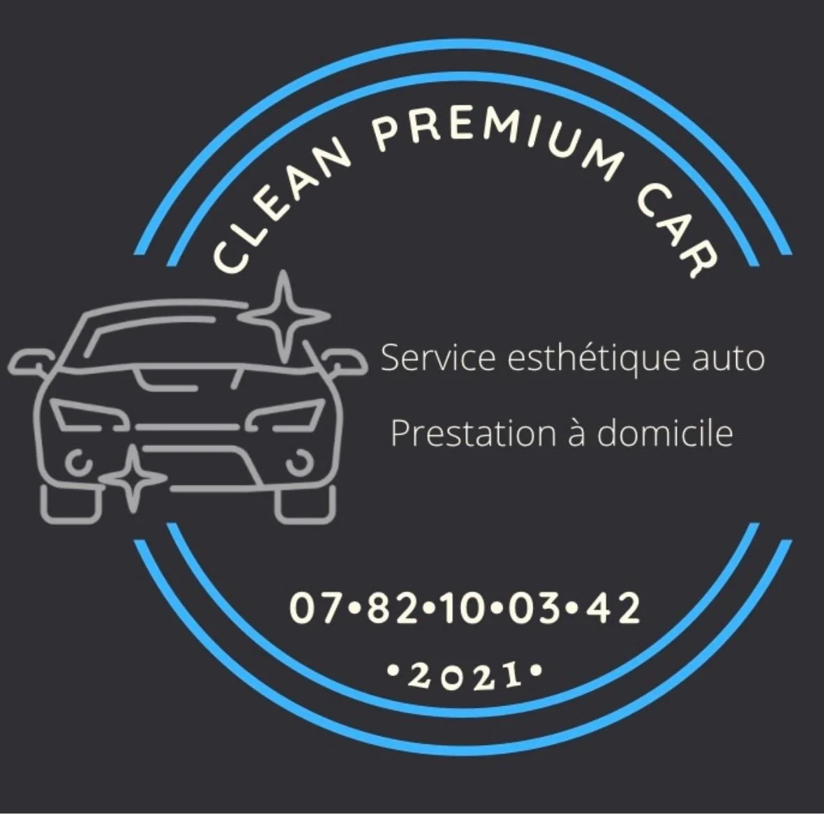 Logo de service de nettoyage automobile avec texte "Cleaner Premium Car", panneau stylisé d'une voiture, et informations de contact et date en dessous.