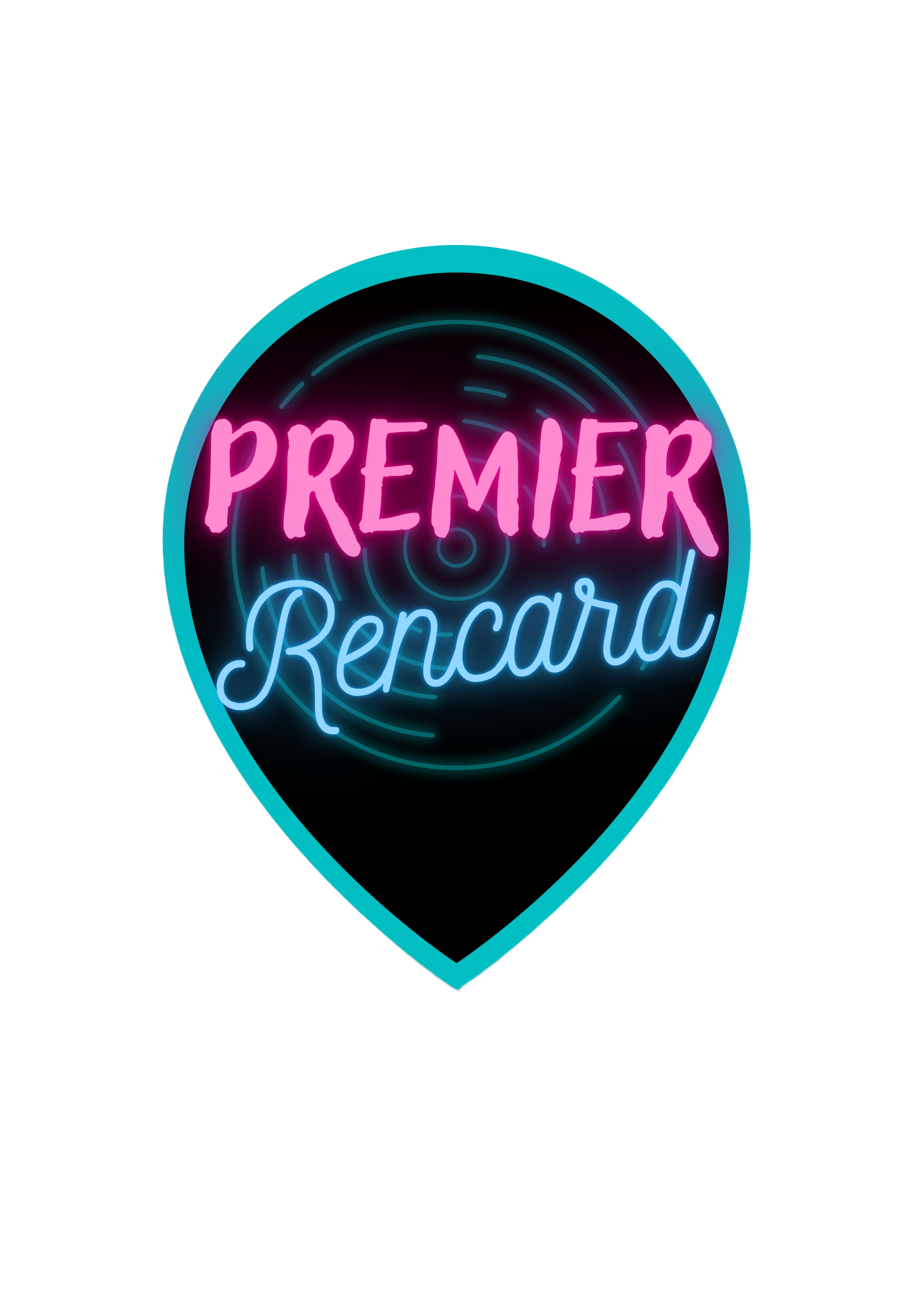 Sign neon en forme de goutte avec le texte 'Premier Rencard' en lettres roses et bleues