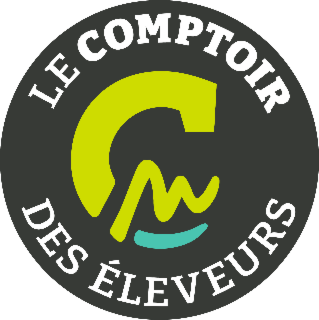 Logo circulaire en noir, vert, blanc et bleu avec le texte 'Le Comptoir des Éleveurs' et un symbole stylisé au centre.