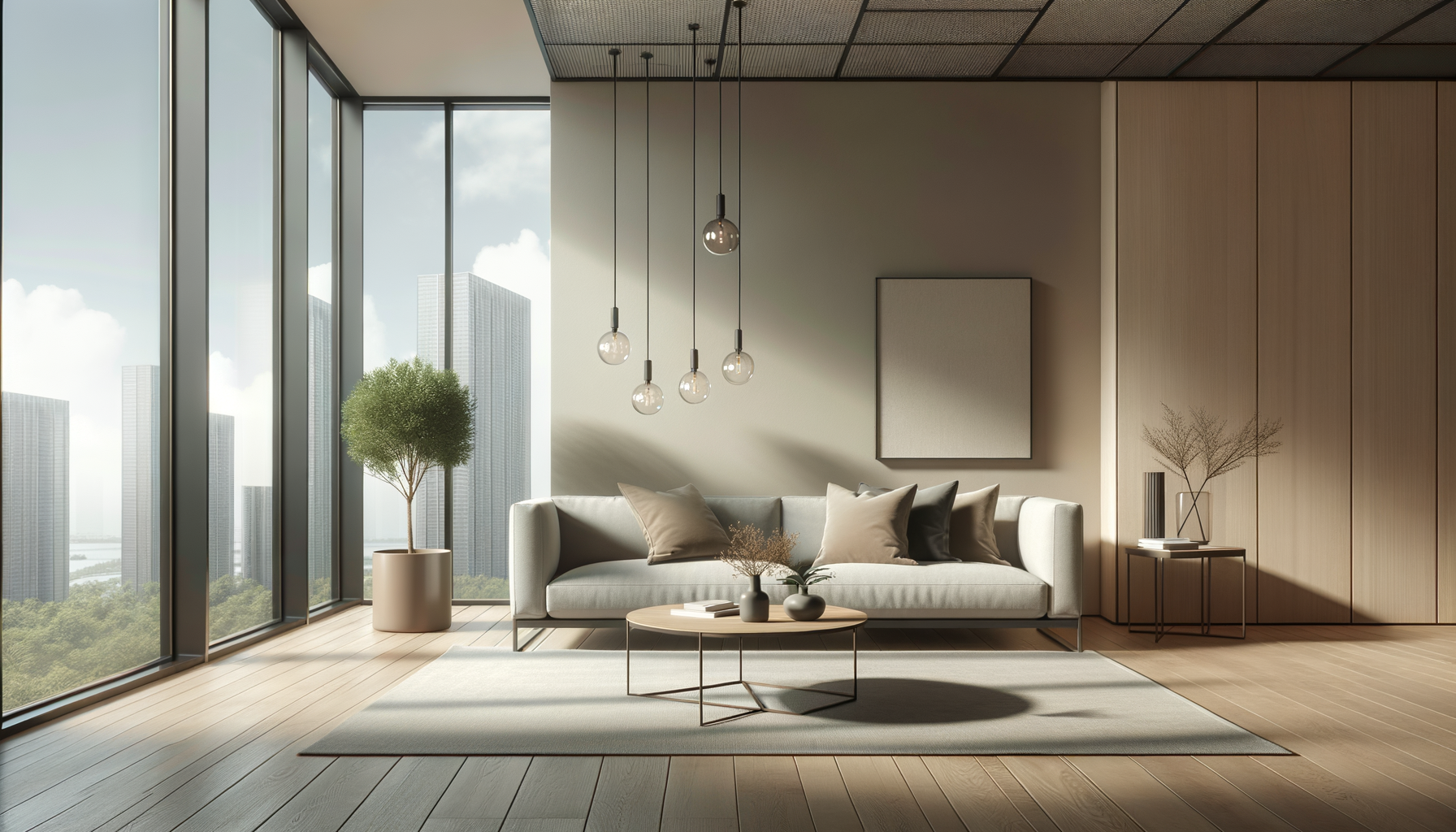Modern living room with large floor-to-ceiling windows, a white sofa with beige and gray cushions, a round coffee table with vases, a tree in a pot, and minimalist decor in a high-rise apartment.
