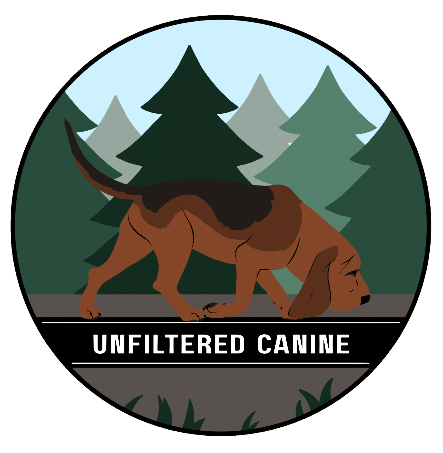 Illustration of a brown and black dog sniffing the ground in front of a forest with tall pine trees, with the text "Unfiltered Canine" underneath.