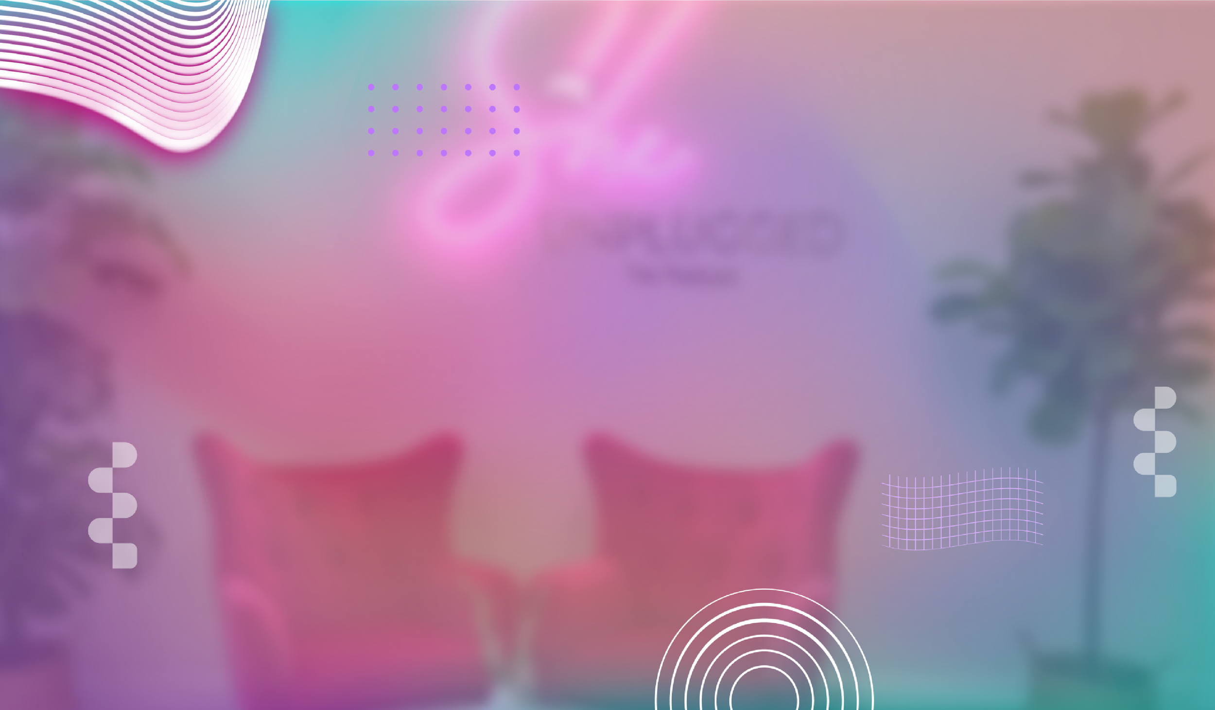 Blurry abstract image with pastel pink, purple, and blue colors, featuring some palm trees and decorative graphic elements.