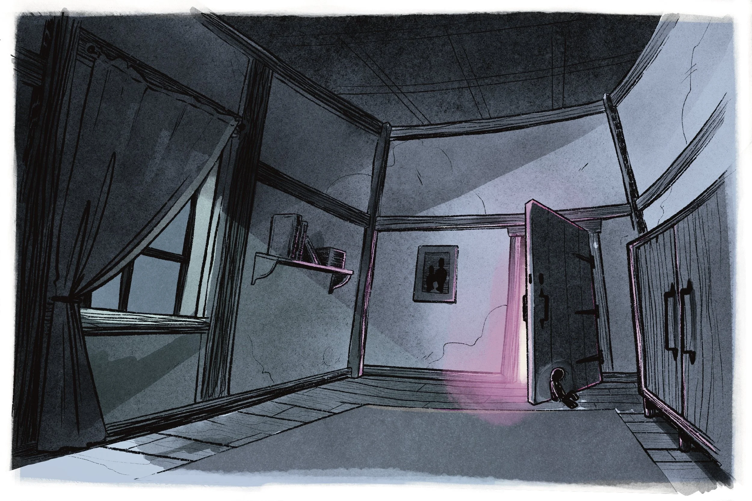 A dimly lit room with a slightly open door showing a pink glow, a window with curtains, a bookshelf with books, a framed picture on the wall, and a pair of shoes on the floor near the door.