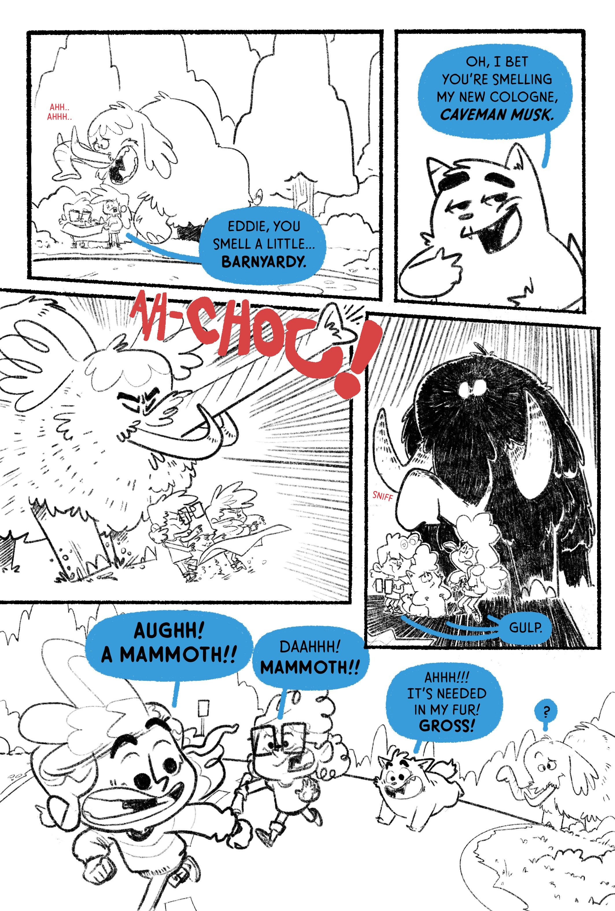 Cartoon strip showing characters reacting to a giant mammoth. The characters include a horse, a cat, and dogs. The horse comments on smelling cologne called Caveman Musk, which gets attacked by the mammoth. The other characters scream and run, fearing the mammoth, and some express disgust at its fur.