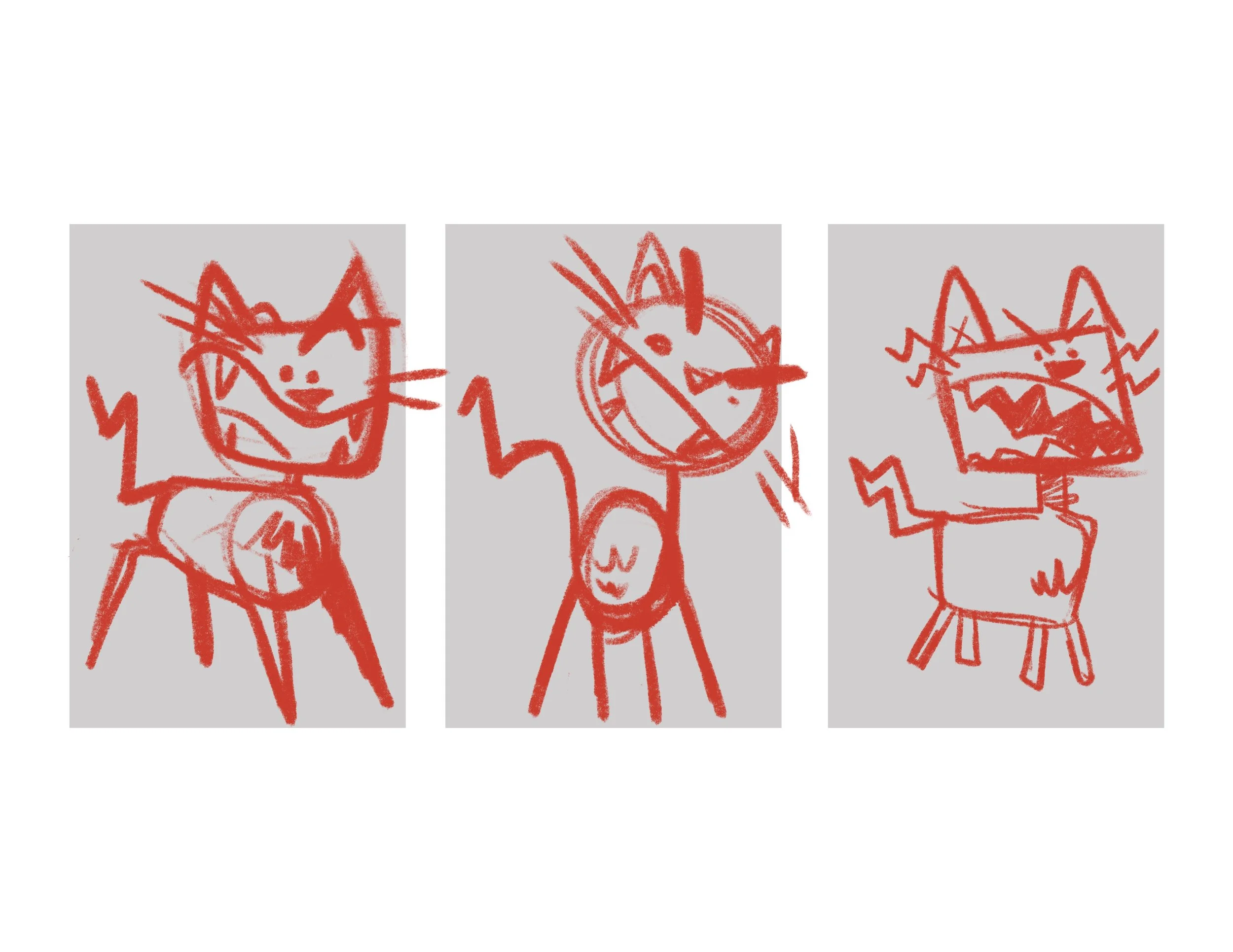 Three rough, red, cartoon-like sketches of a cat character with exaggerated facial expressions in separate panels.