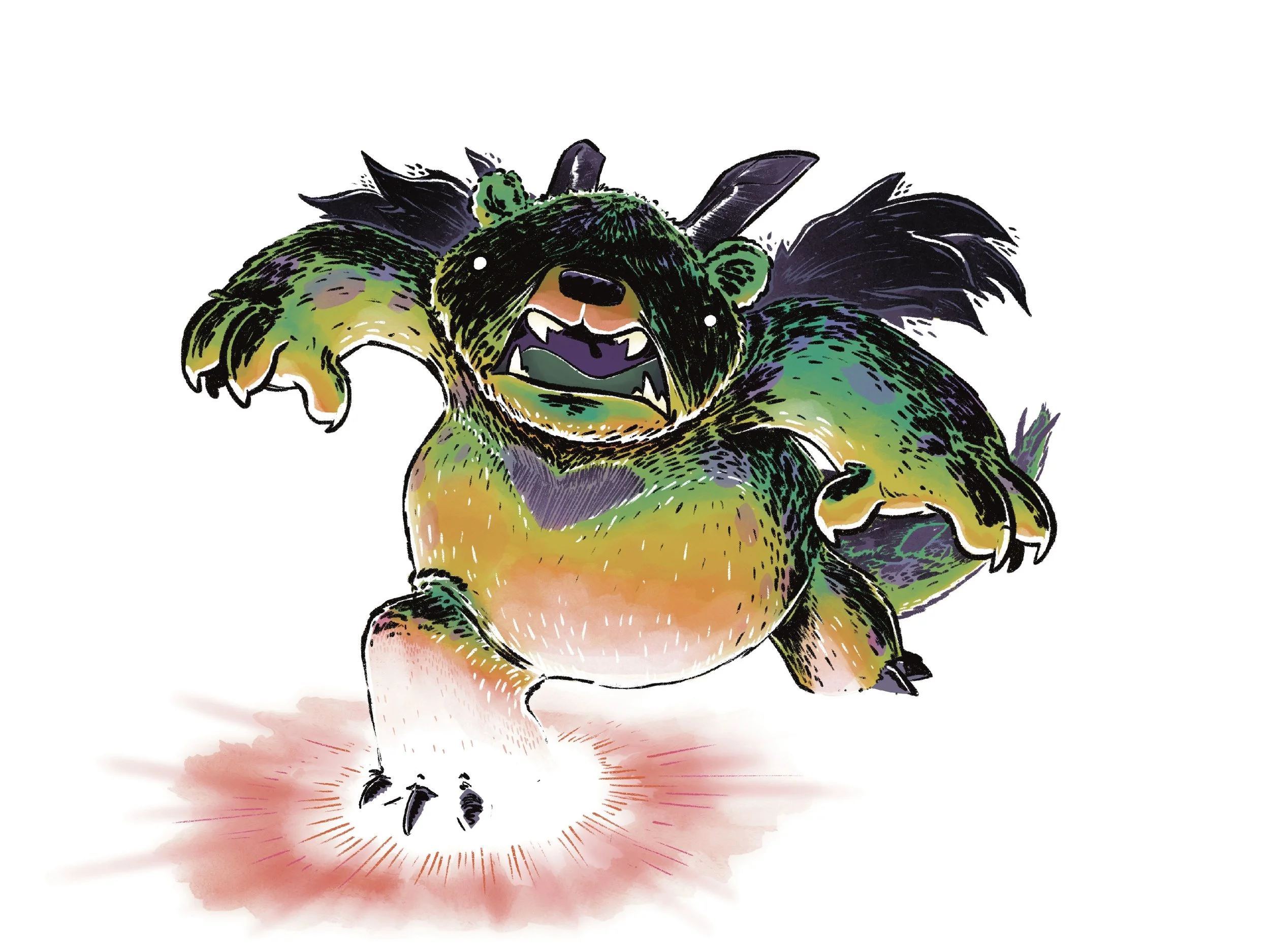 Colorful, cartoon-style bear with black fur and green, yellow, and purple accents, appearing to roar or growl with claws extended.