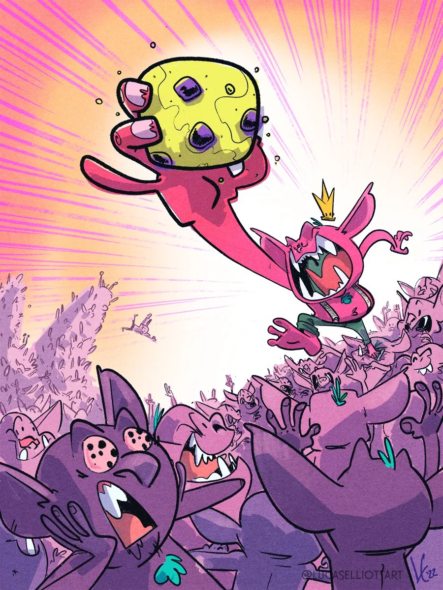 A cartoon scene featuring a pink cat with a crown, holding a yellow, cratered moon high in the air. The cat appears excited or triumphant, standing on a large pile of similar cats, all with varied facial expressions, set against a colorful background