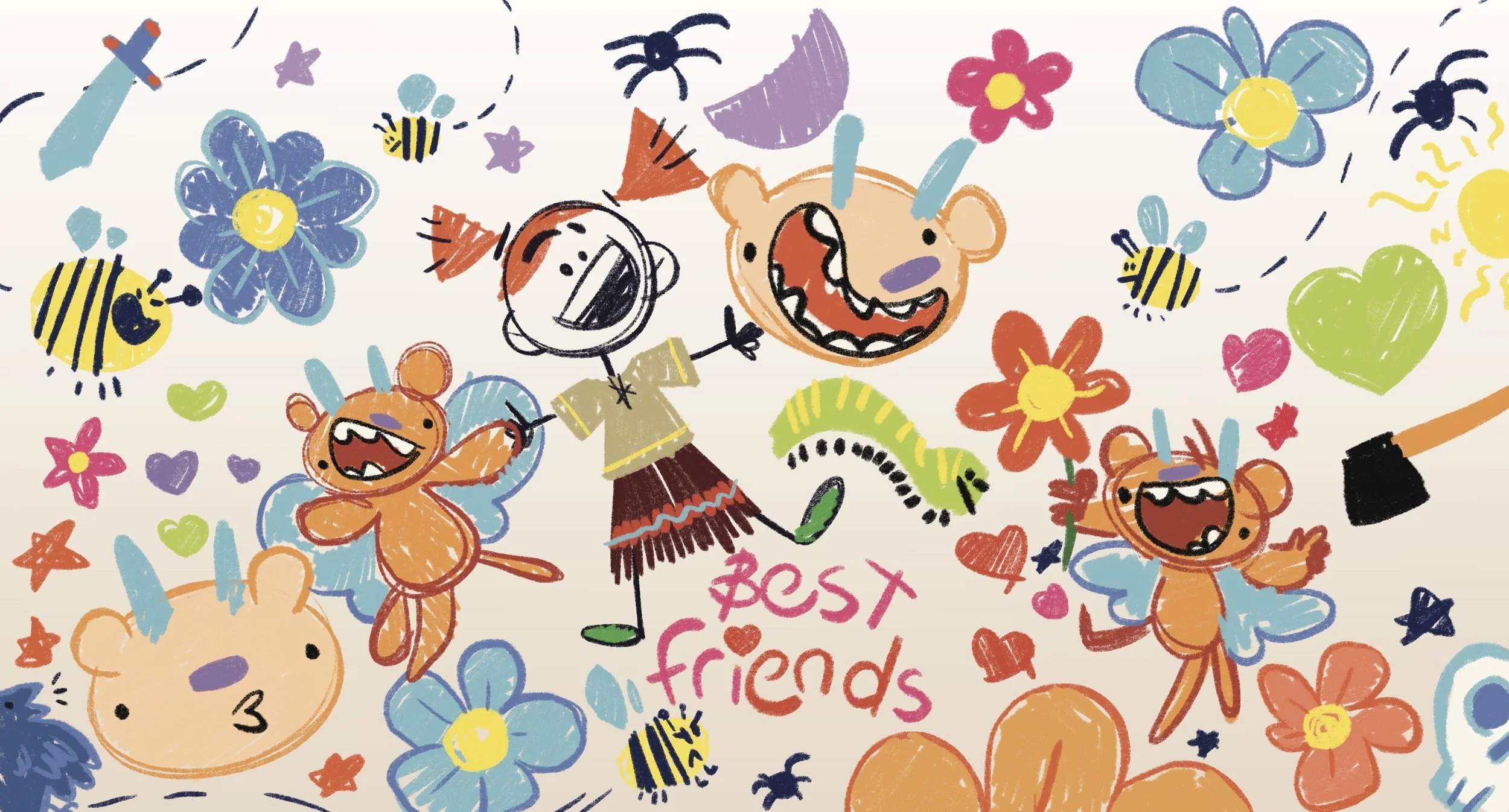 Colorful children’s drawing with smiling teddy bears, a girl, flowers, bees, a snake, and hearts, with the phrase 'Best friends' written in pink.