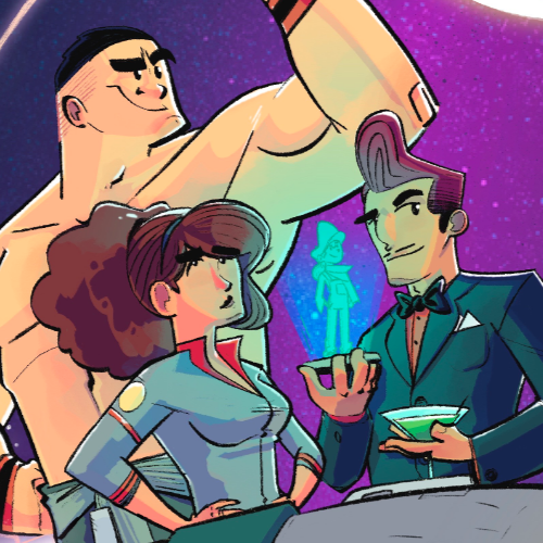 Cartoon illustration of three characters at a party: a muscular man taking a selfie, a woman with curly brown hair and a confident expression, and a man in a tuxedo holding a drink and a small plate.