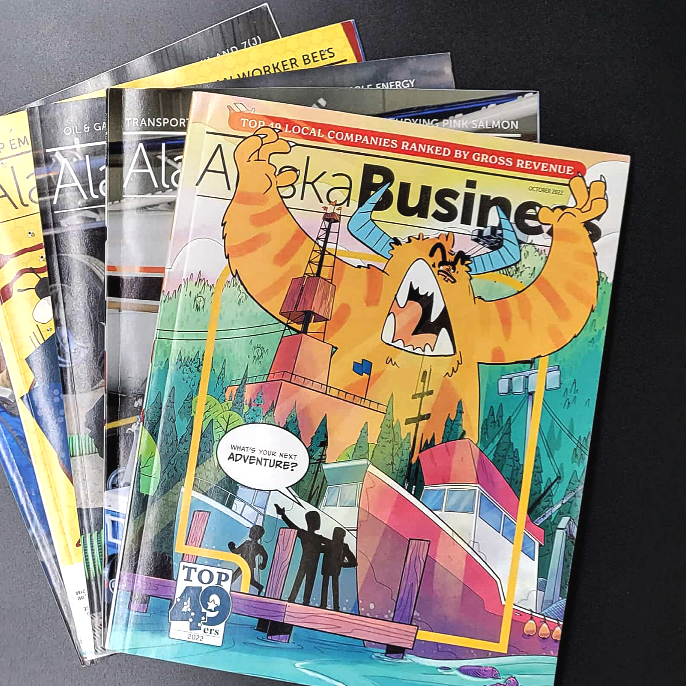 A stack of magazines with the top issue titled Alaska Business featuring a cartoon mascot of a fierce, orange, tiger-like creature with blue horns, yelling, with the question 'What's your next adventure?' on the cover.