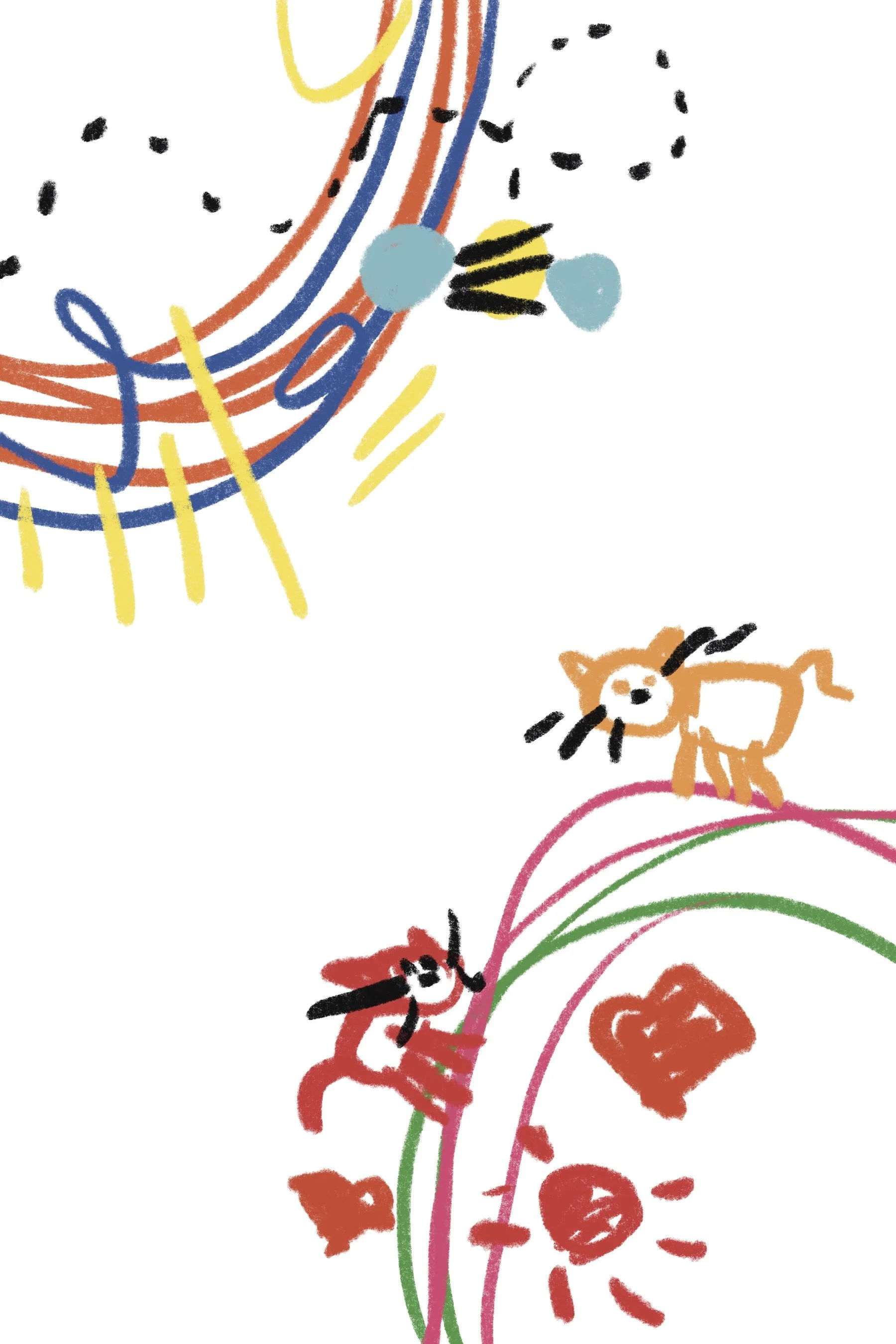 Colorful childlike drawing of a rainbow with clouds at the top left, two cats on a hill at the bottom right, and a sun with orange rays, all on a white background.