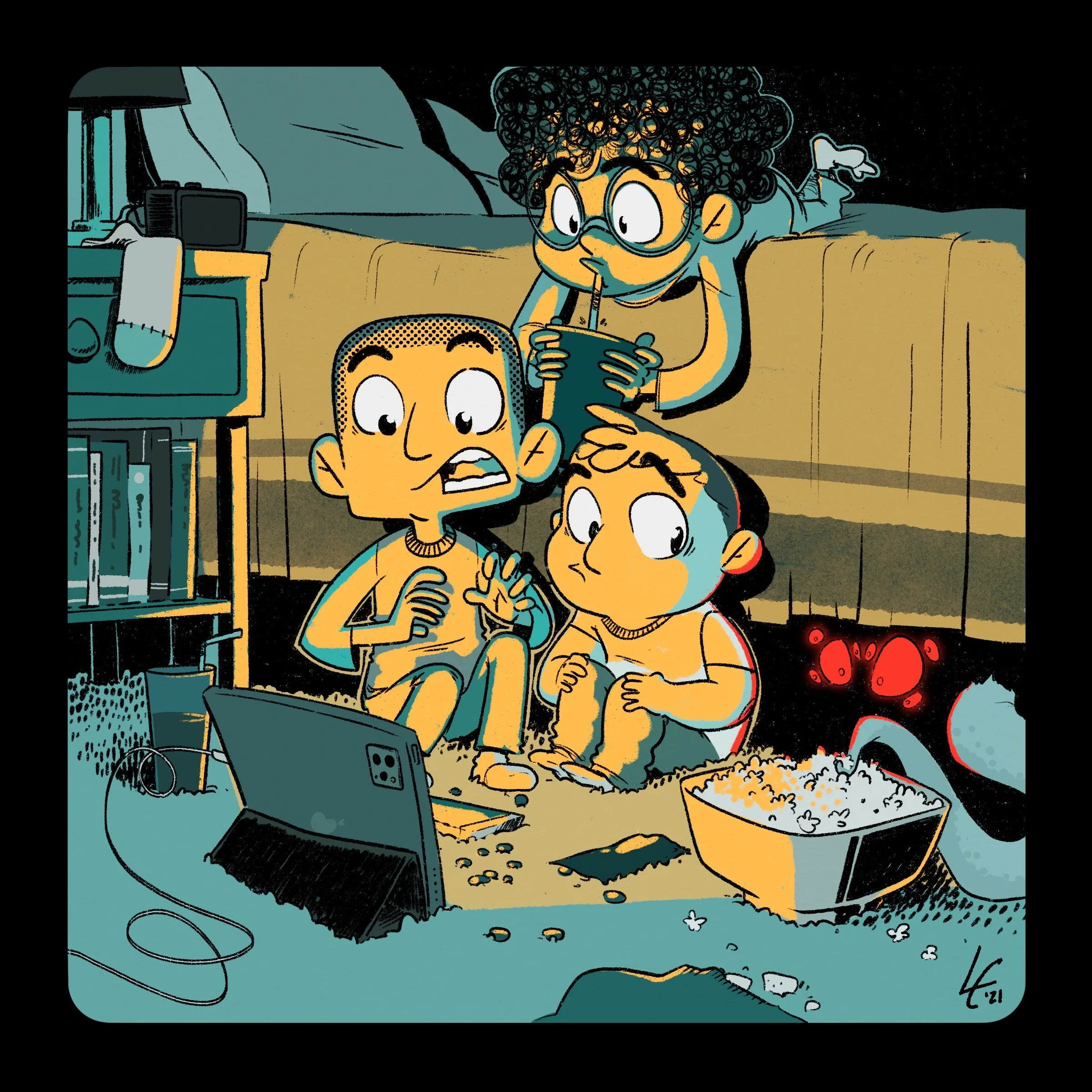 A family watching something on a laptop in a messy living room at night, with snacks and popcorn, appearing surprised.