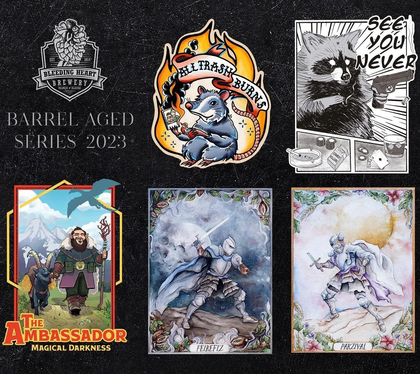 A collection of six stickers and artwork, including a brewery logo, a raccoon with flames and the text "All Trash Burns," a comic-style raccoon with a gun and the text "See You Never," a graphic of a man with a dog, a fantasy knight with a sword, and a warrior with a dagger. The text "Barrel-Aged Series 2023" is also visible.