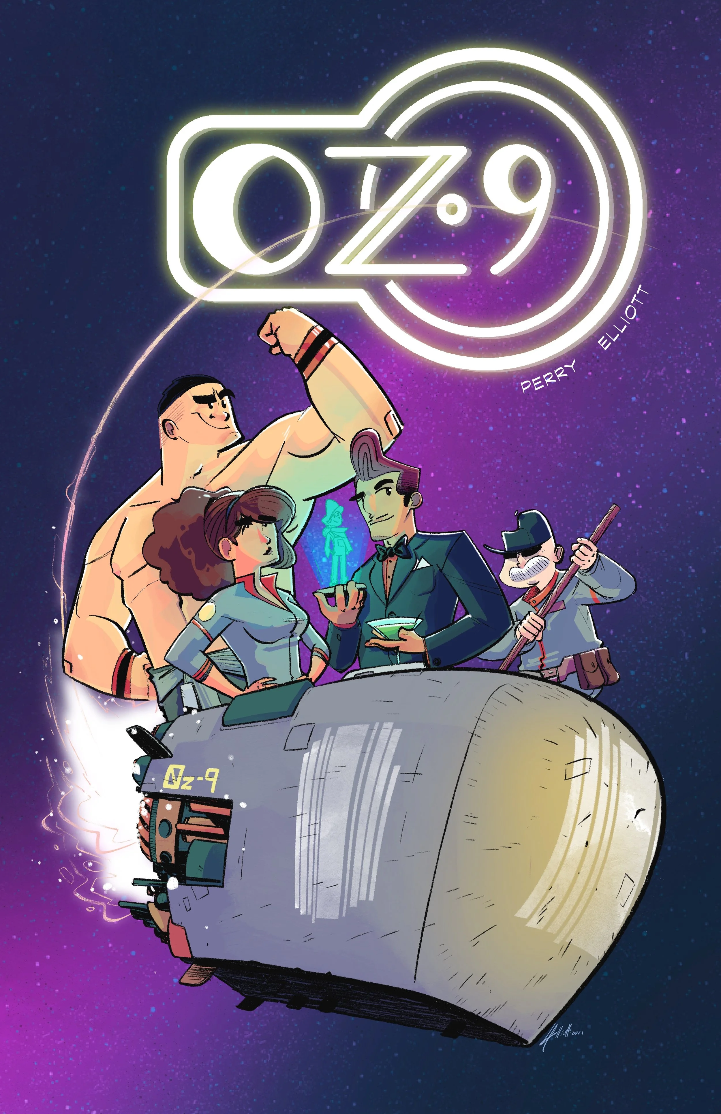 Cartoon illustration of the movie 'Ozod 9' with five characters on a spaceship flying through space with stars, a neon sign, and a purple galaxy background.
