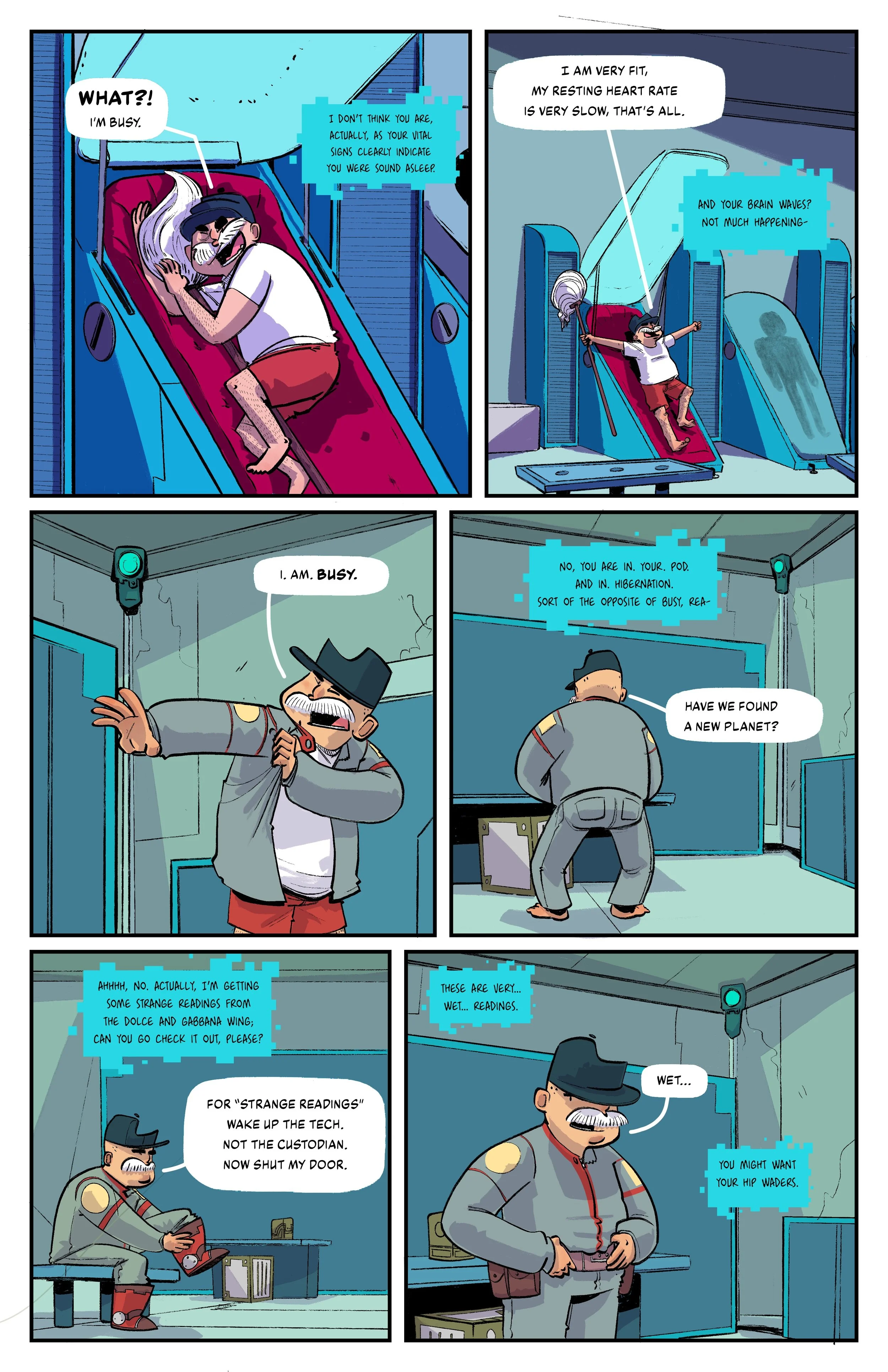 Comic strip featuring a woman on a roller coaster, a man in a control room, and a technician. The woman is excited, the man on the couch appears busy, and the technician discusses strange readings from a device.