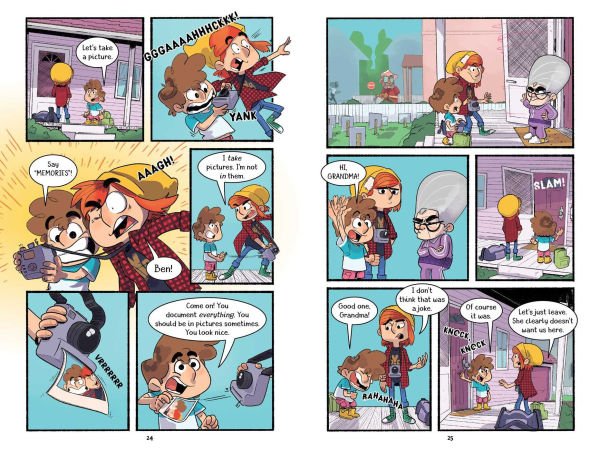 Comic strip with children and a grandma. In the first scene, children plan to take a picture. In the second scene, kids threaten a girl with a camera. In the third scene, they approach an older woman and ask to take her picture, but she refuses. The children insist, and the grandma scolds them, then they leave.