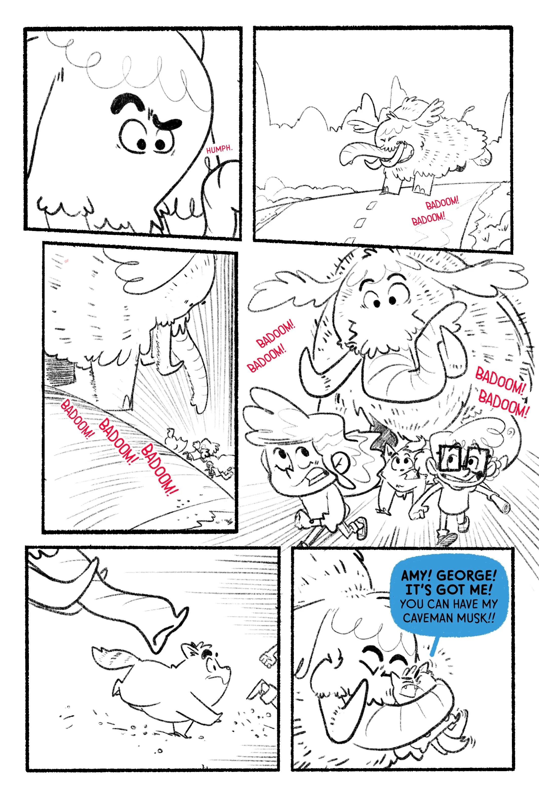 A comic strip showing a sheep noticing a large, angry creature with tusks and horns approaching. The sheep's friends, a pig, a raccoon, and a girl, run away in panic with the creature following behind. The girl exclaims she has the creature's caveman musk, which calms the large creature down as she hugs it.