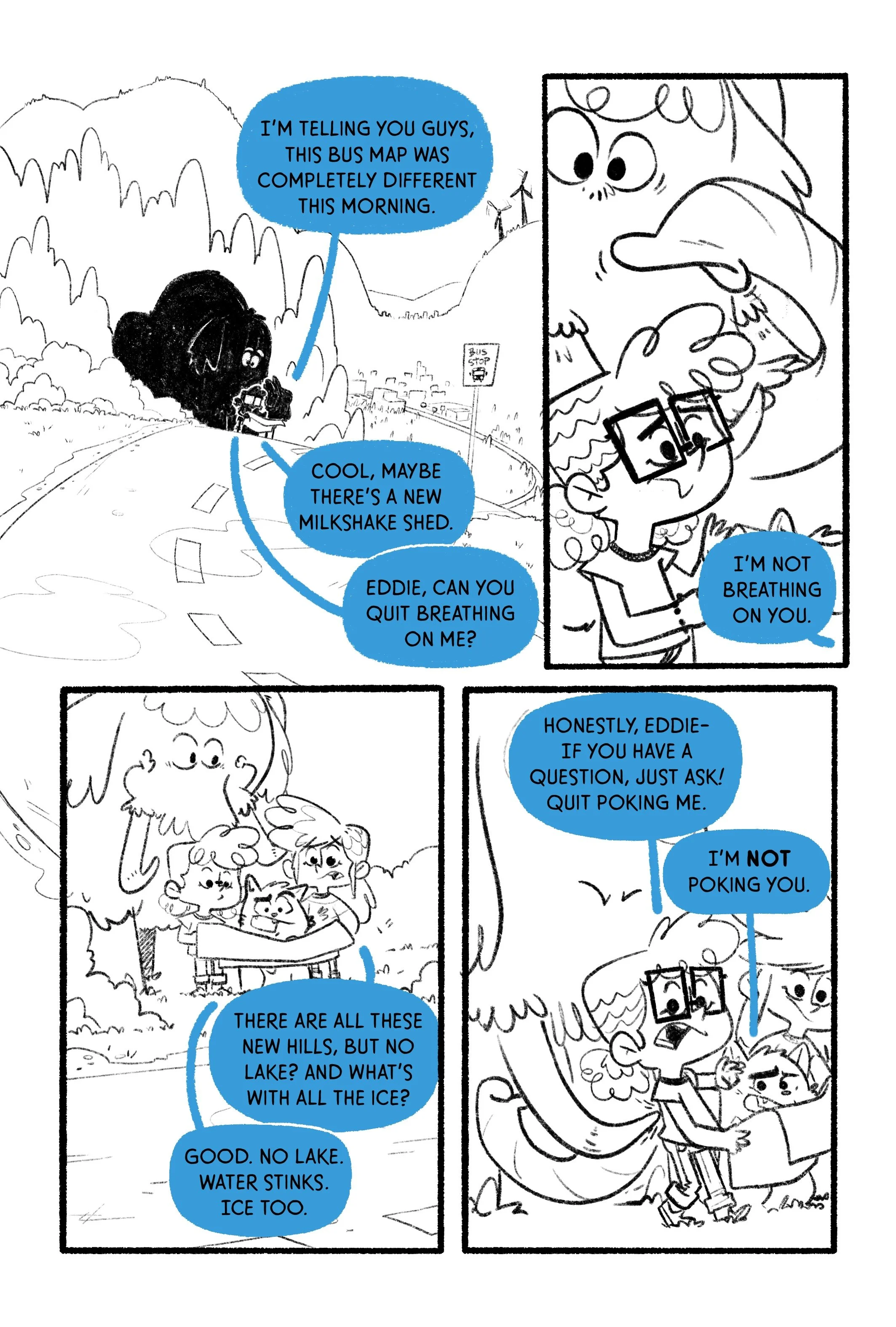 A black-and-white comic strip featuring children and a woman in a natural outdoor setting with trees, hills, and a bus stop sign. The children discuss changes in the scenery, a milkshake shed, and their concerns about ice, lakes, and water. One child, wearing glasses, interacts with a woman who is holding a child, and they have humorous exchanges about questioning and poking each other.