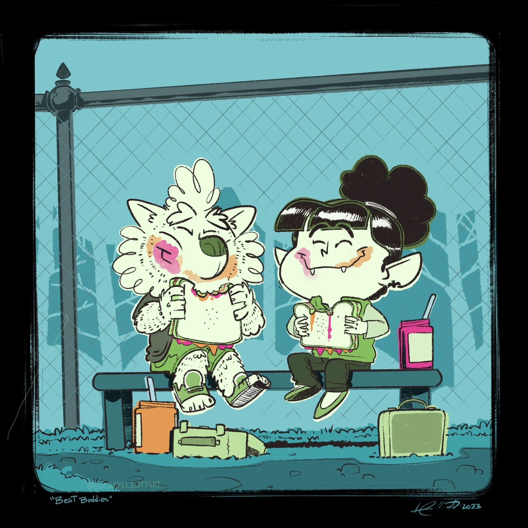 Two cartoon characters, a wolf and a vampire-like girl, sitting on a bench at a bus stop, eating sandwiches. They are smiling with crumbs on their faces. There are bags and a drink on the ground and in the girl's hand. The background shows a fence wi