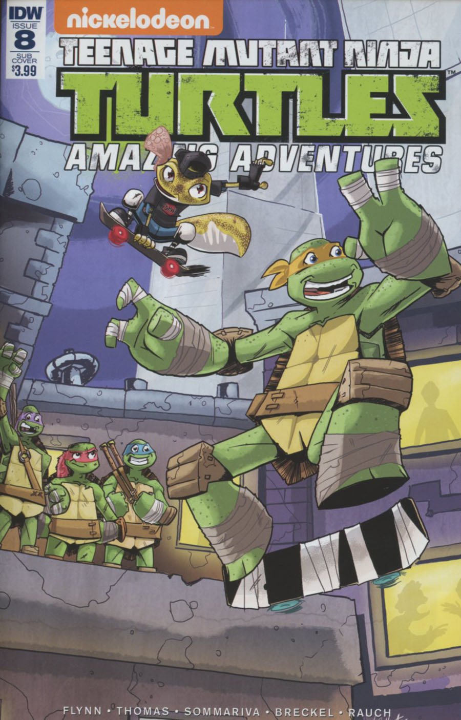 Cover of Teenage Mutant Ninja Turtles: Amazing Adventures comic book, Issue 8. Features four Teenage Mutant Ninja Turtles characters, with one of them in the foreground posed dynamically, and another skateboarding in the background. The background depicts a cityscape with buildings.