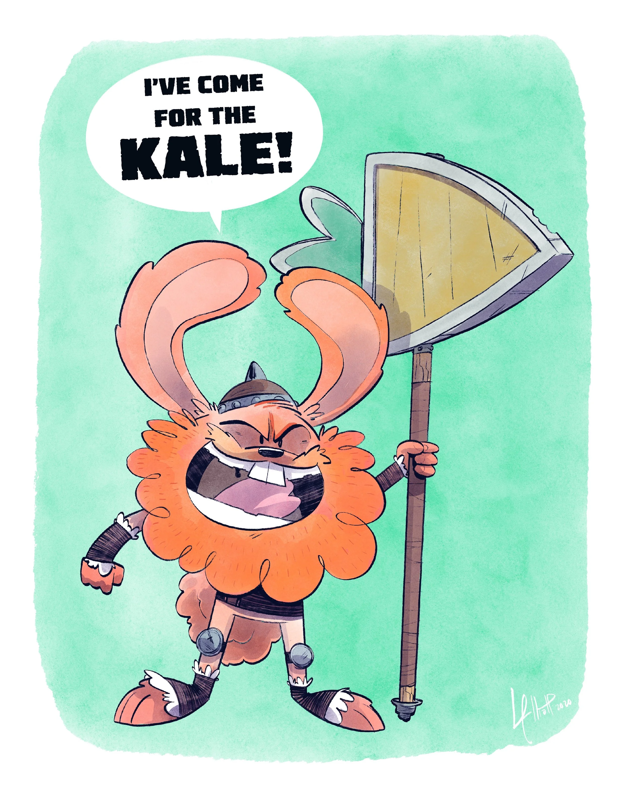 Cartoon of a cheerful person dressed as a Viking with a lion mane, holding an iron sword, and saying 'I've come for the kale!' It has a humorous and playful style.