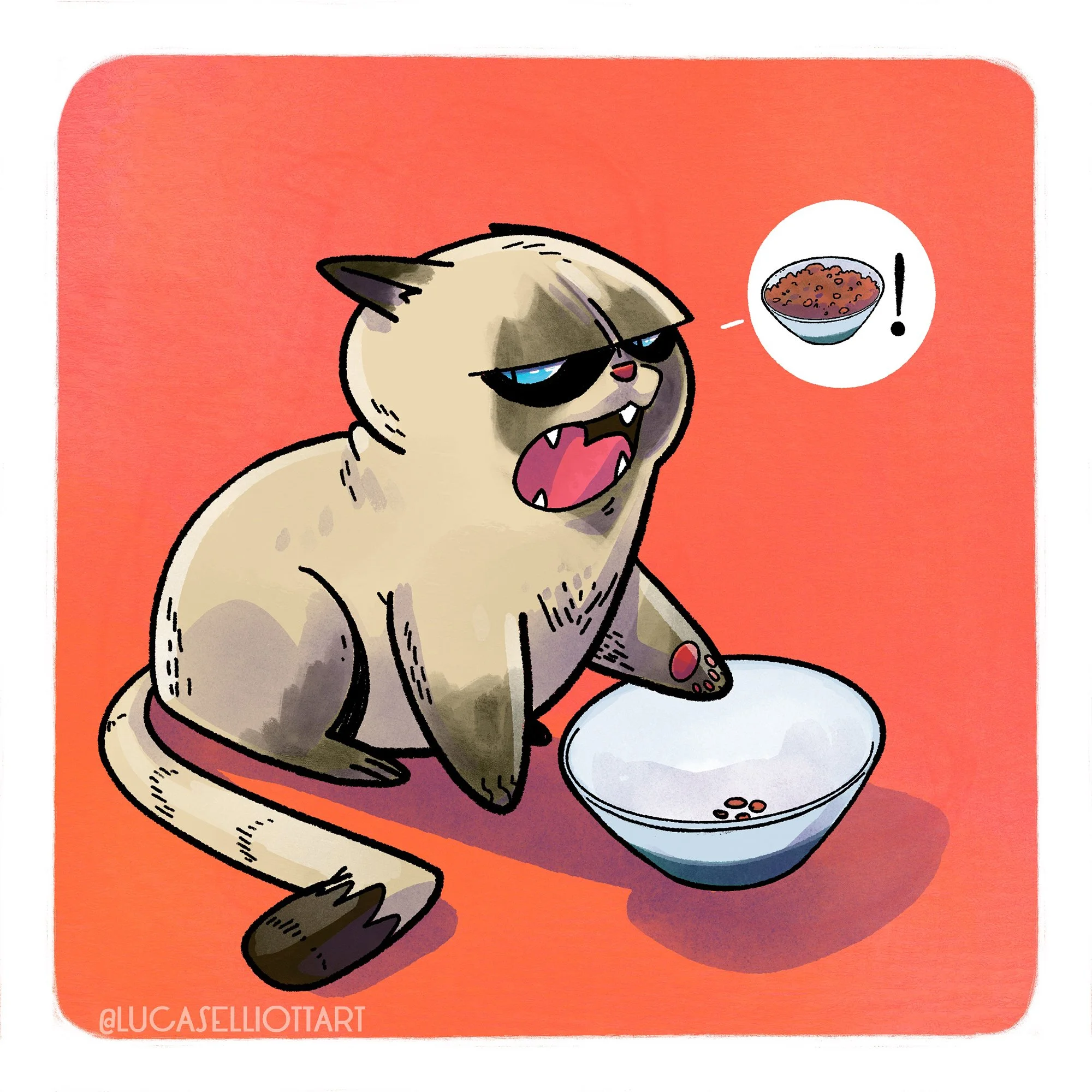 A cartoon grumpy cat with narrowed eyes and an open mouth showing teeth, sitting on a coral-colored background. The cat's paw is raised near a bowl, and there is a thought bubble with a picture of a bowl of dry cat food.