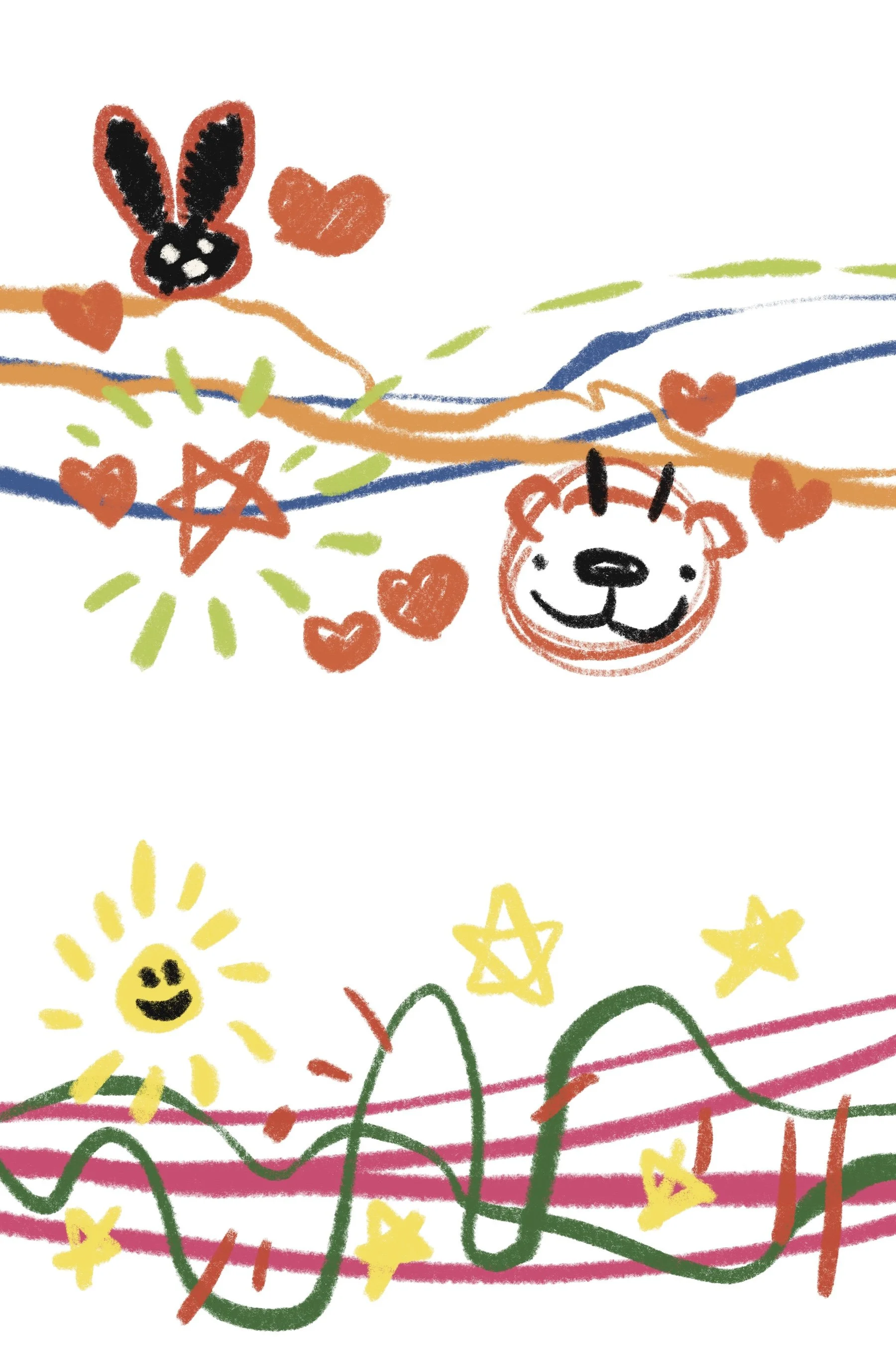 Childlike drawing featuring a bunny and bear with hearts above in the top part, and a smiling sun, stars, and colorful wavy lines in the bottom part.