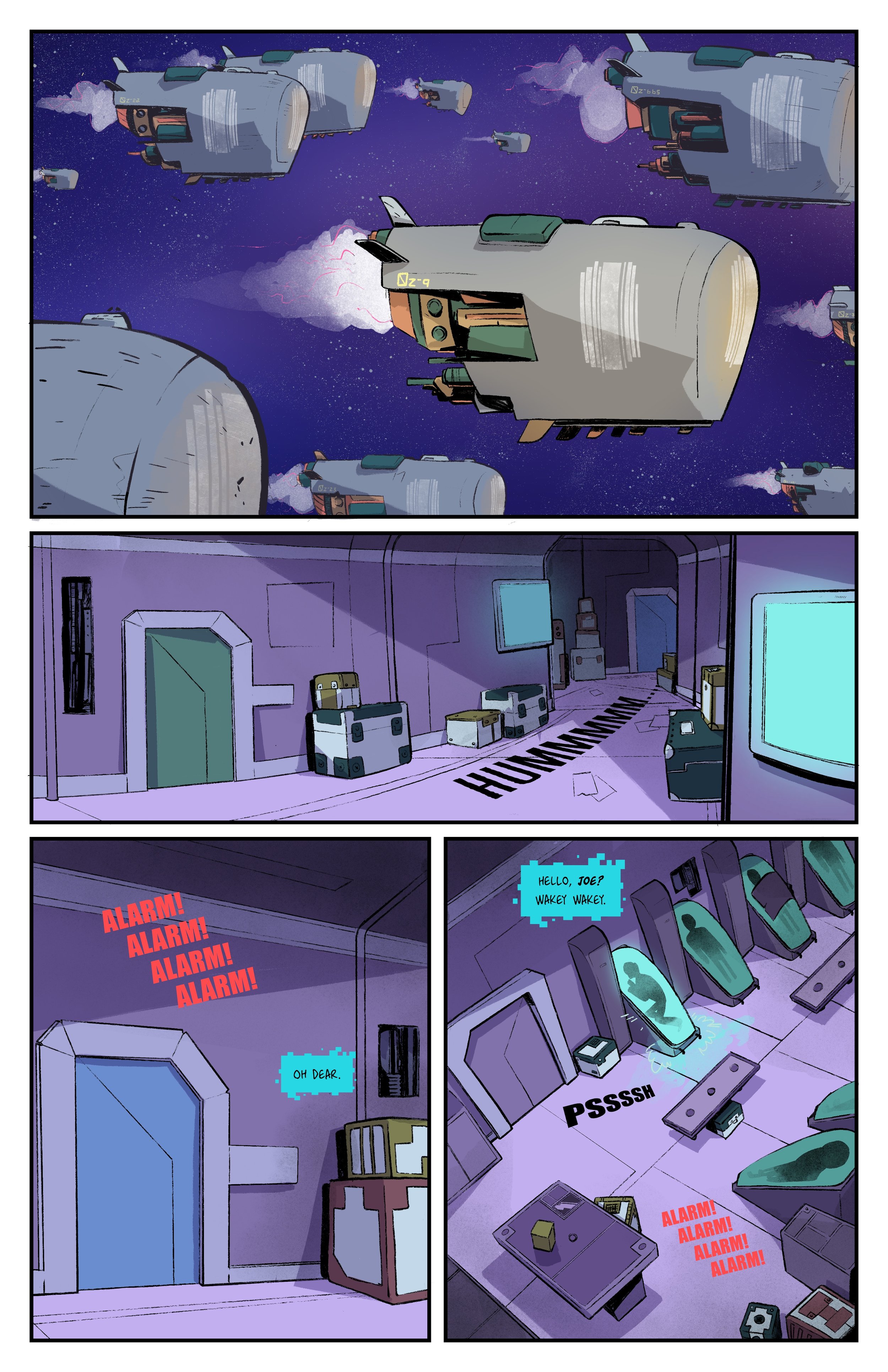Space scene with multiple spacecraft flying in space. Interior scene of a spaceship with equipment and a hallway. Alarm sound with flashing red text, and a robot or robot-like figure greeting someone named Joe.