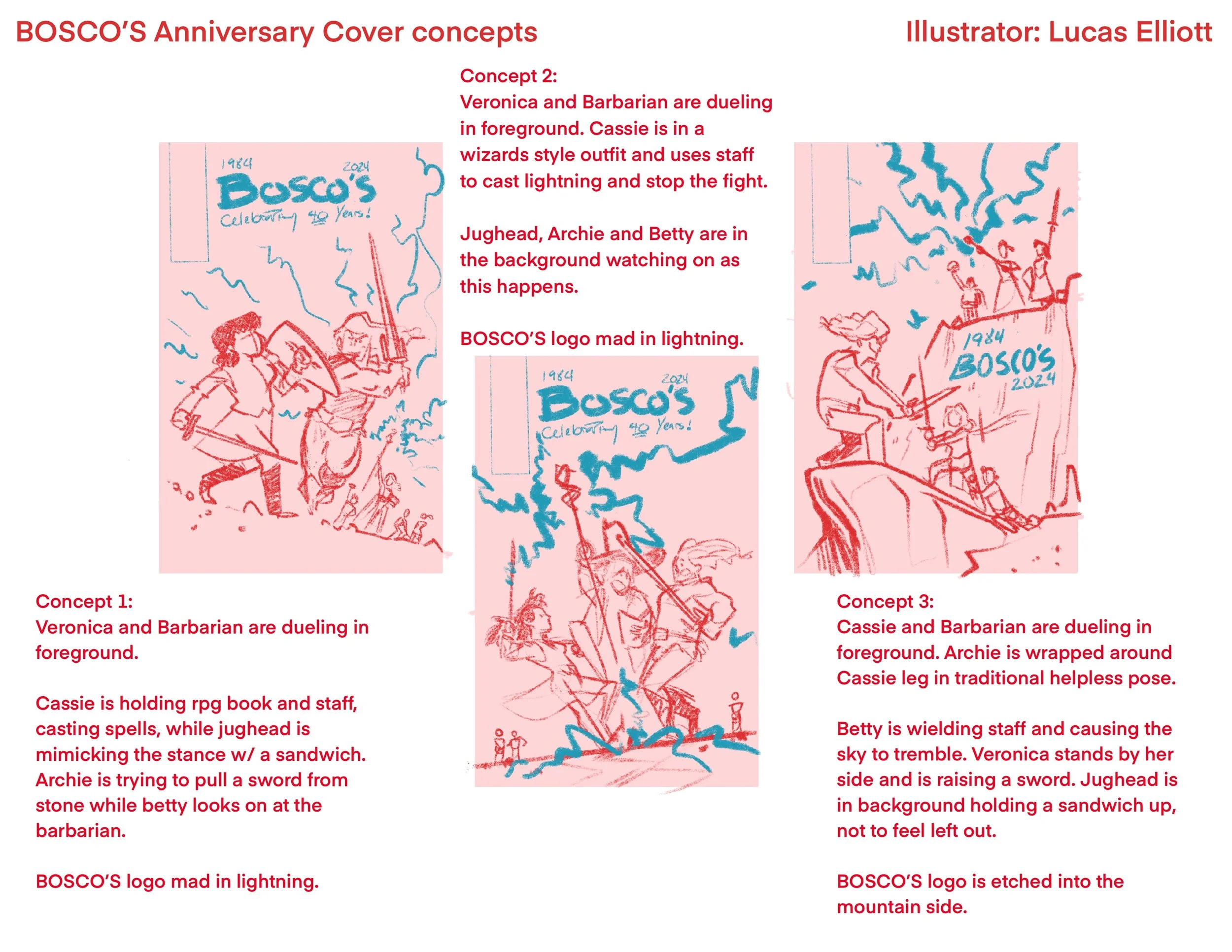 Three concept sketches for BOSCO'S Anniversary Cover concepts, illustrating characters Veronica, Barbarian, Cassie, Jughead, Archie, and Betty dueling in different settings. Red and blue sketches with text descriptions explaining each scene, including characters in combat poses, use of staffs, and a lightning-themed BOSCO'S logo.