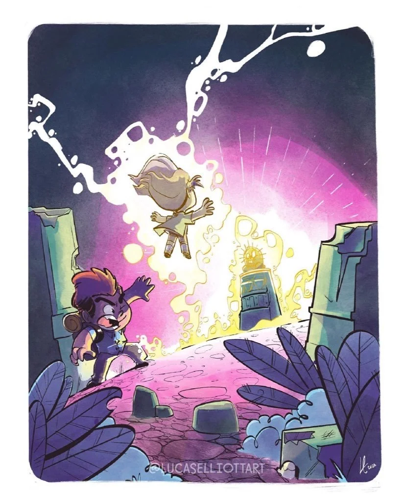 A colorful cartoon scene showing two characters, one with purple hair and the other with gray hair, in an adventurous setting with glowing yellow light and purple sky. The purple-haired character is angry and pointing, while the gray-haired character