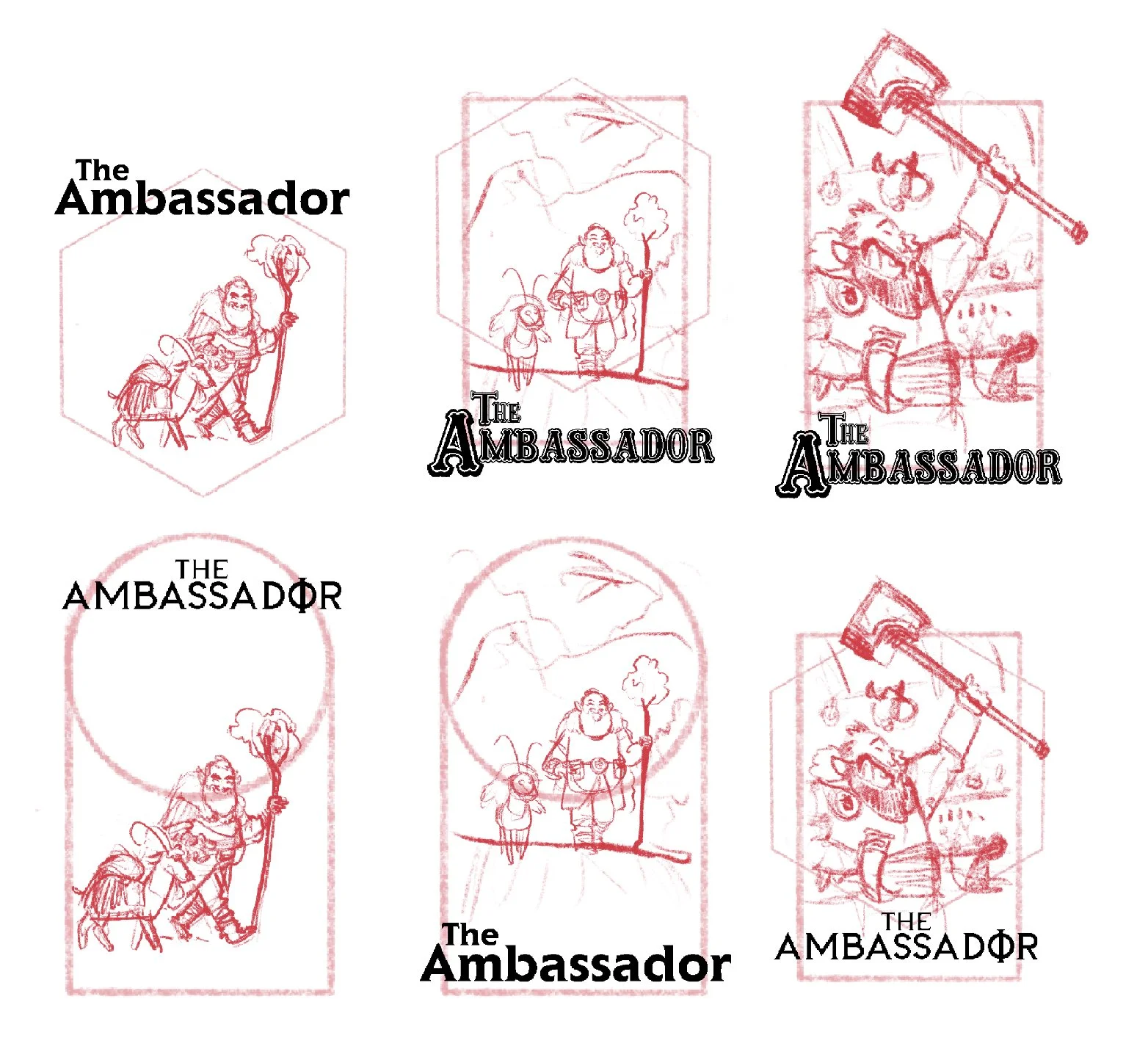 Six sketches of a character holding a staff with a flame, accompanied by an insect, with the text 'The Ambassador' in various styles and positions.