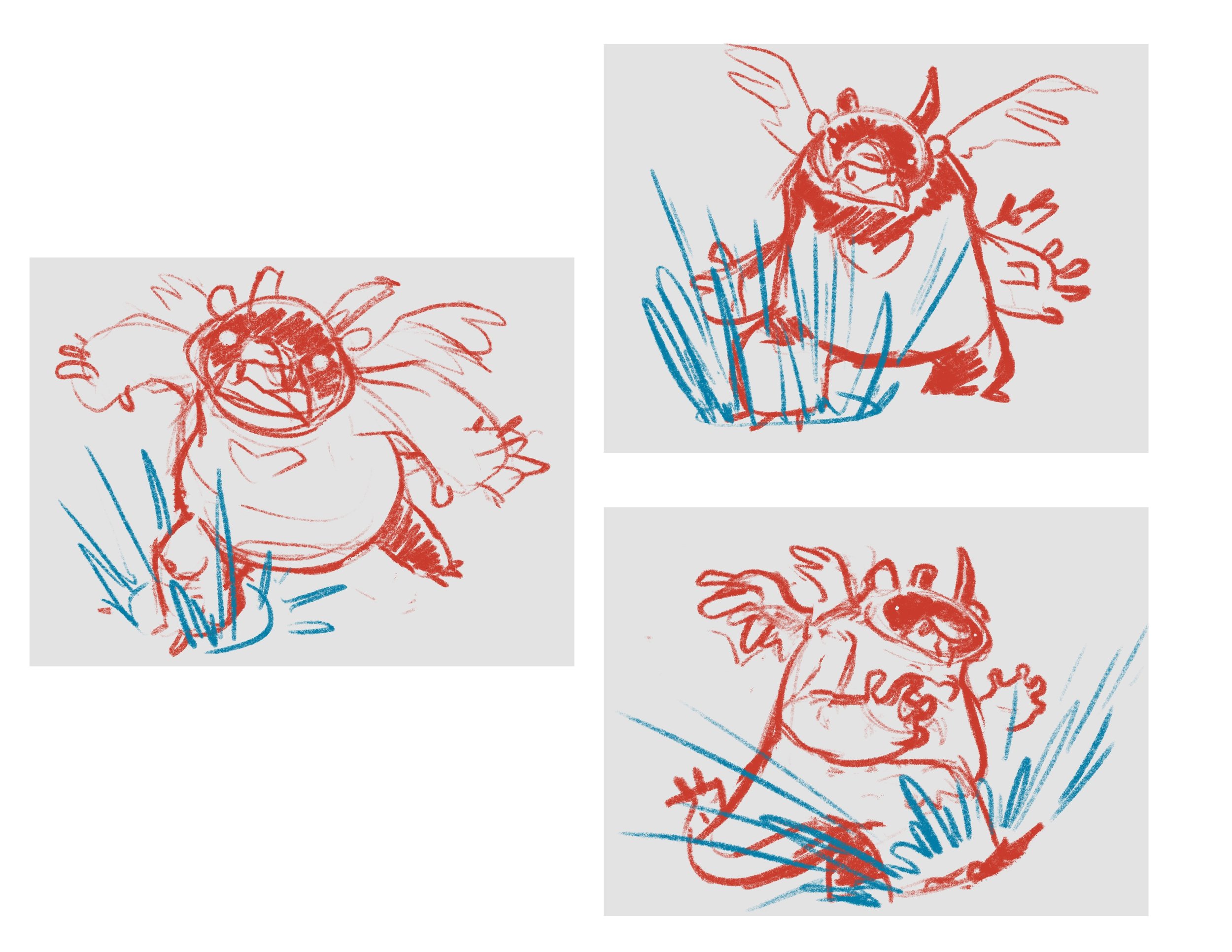 Set of three rough sketches of a cartoon-styled creature with large wings, horns, and a beak, engaging in different poses involving water splashes and splashes with a grassy background.