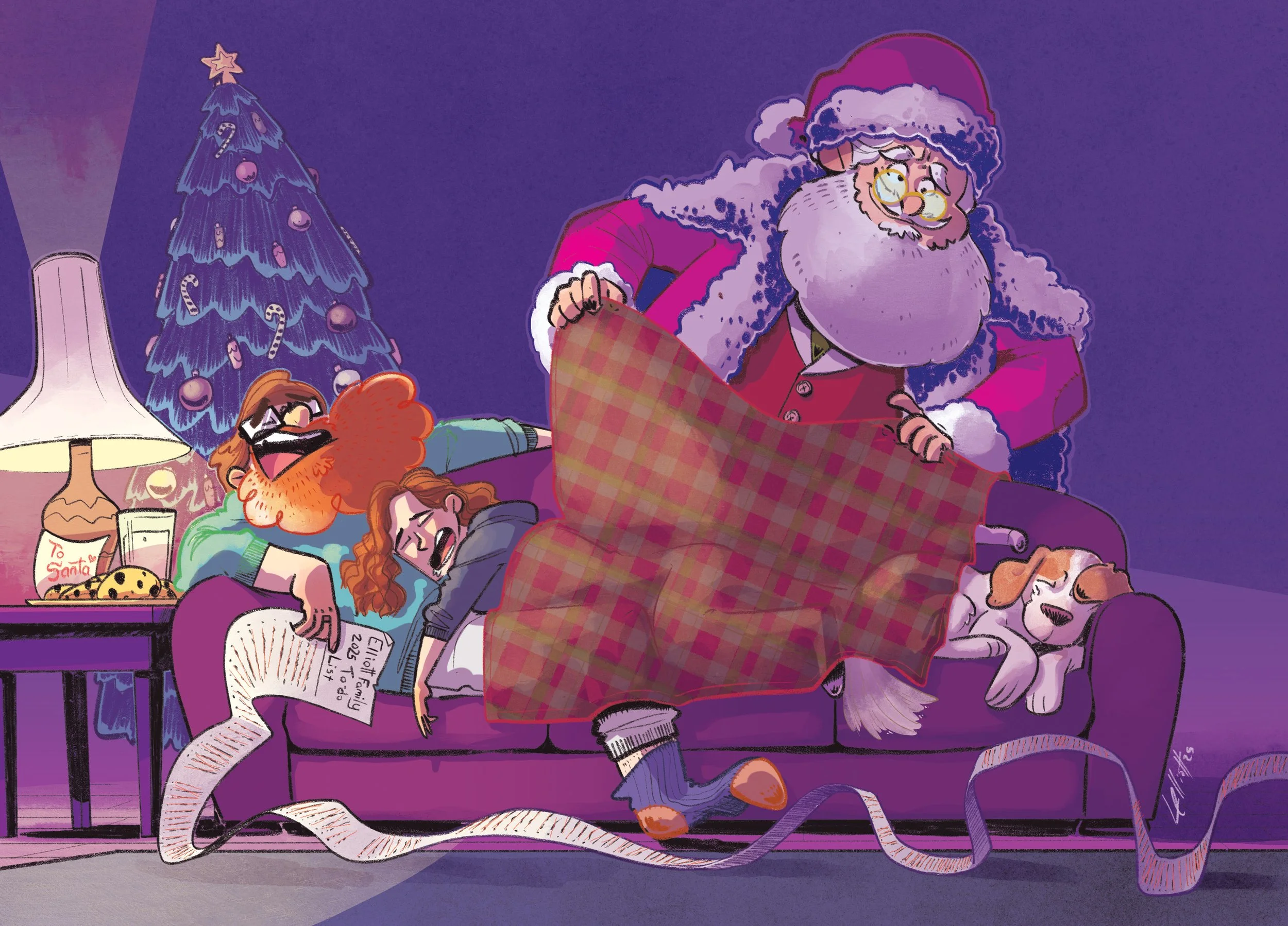 A humorous cartoon of Santa Claus arriving at a house during Christmas, surprised by exhausted children and their sleeping puppy on the couch, with a decorated Christmas tree and a lamp in the background.