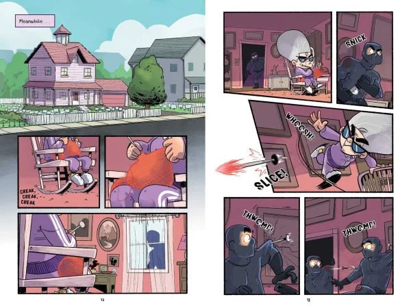 A cartoon comic strip showing a gray-haired woman sitting in her house, reacting to a noise outside. The scene transitions to her aiming a gun at two masked intruders who break into her home, leading to a confrontation.